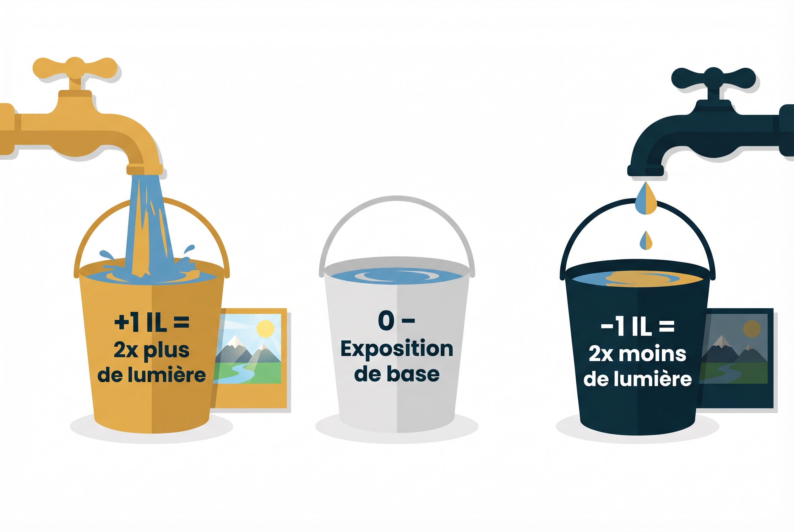 Correction d’exposition : comment l’utiliser et être créatif 17 Schéma pédagogique expliquant la correction d'exposition avec la métaphore d'un robinet d'eau pour illustrer le doublement ou la réduction de la lumière (+1 IL et -1 IL).
