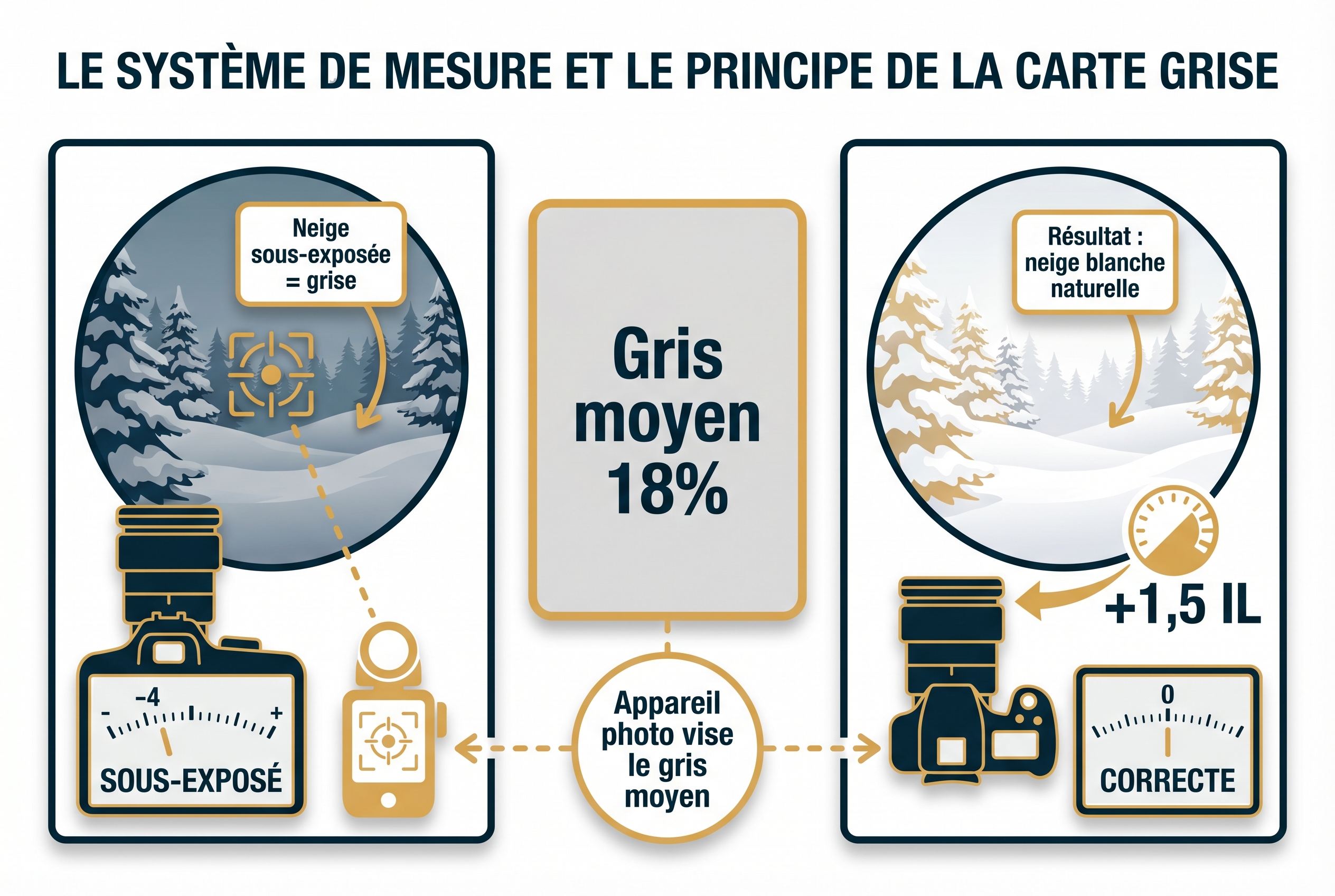 Correction d’exposition : comment l’utiliser et être créatif 14 Infographie pédagogique expliquant la correction d'exposition : comparaison entre une neige sous-exposée (grise) et une exposition corrigée à +1,5 IL pour obtenir une neige blanche naturelle.