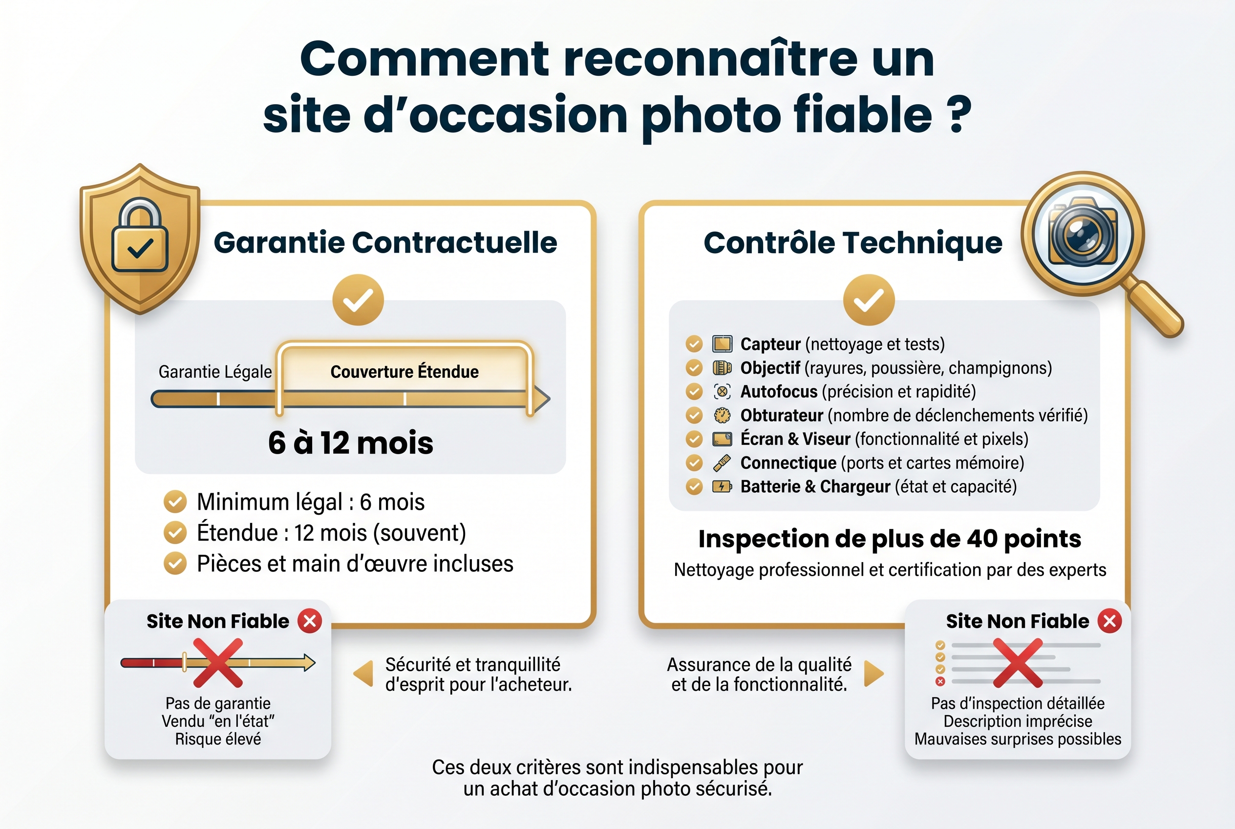 Quel est le meilleur site d'occasion photo ? Le guide pour acheter sans risque 13 Infographie explicative pour choisir le meilleur site d'occasion photo : focus sur la garantie contractuelle et le contrôle technique.