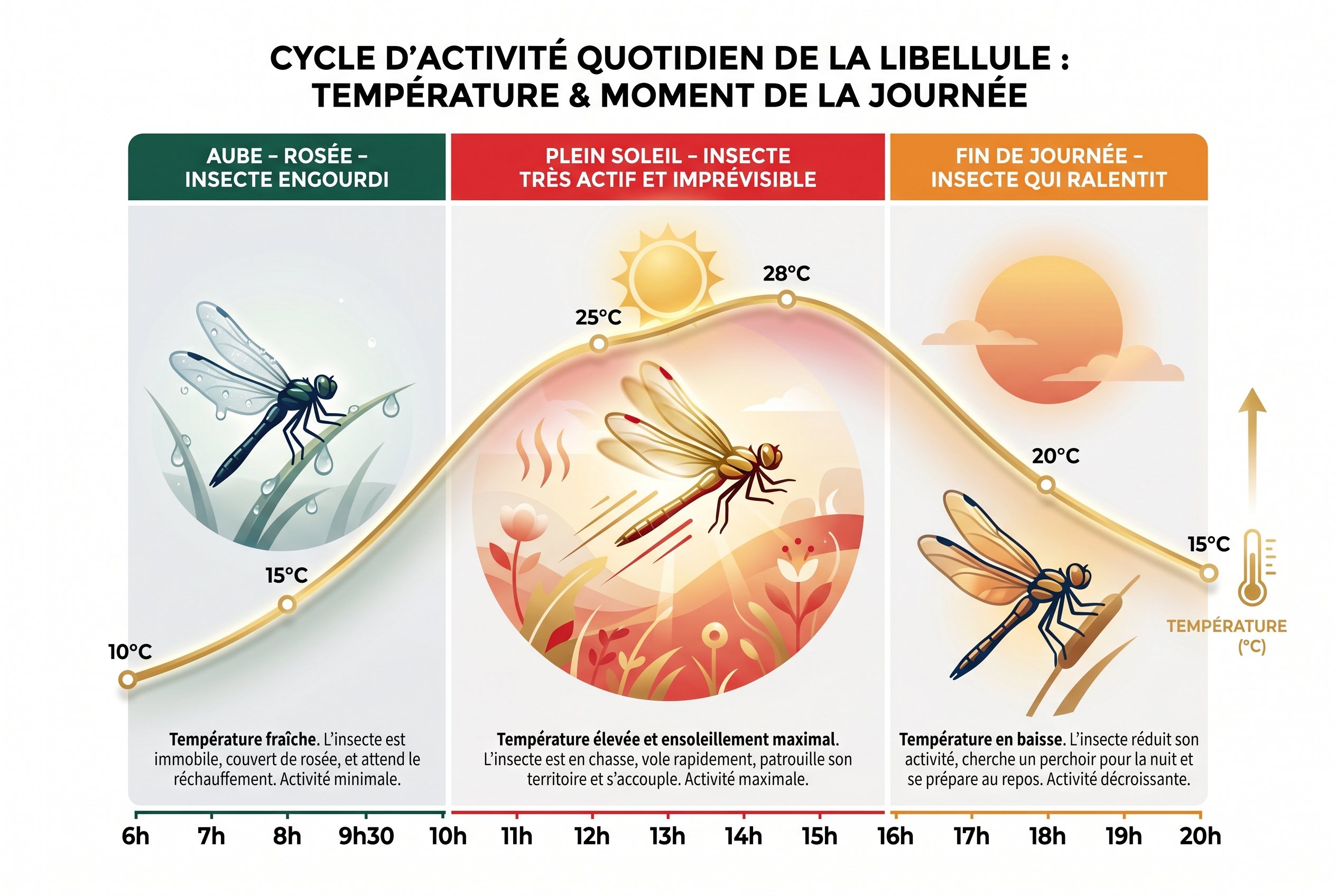 Infographie pédagogique présentant le cycle d'activité des libellules selon l'heure et la température pour aider à mieux les photographier.