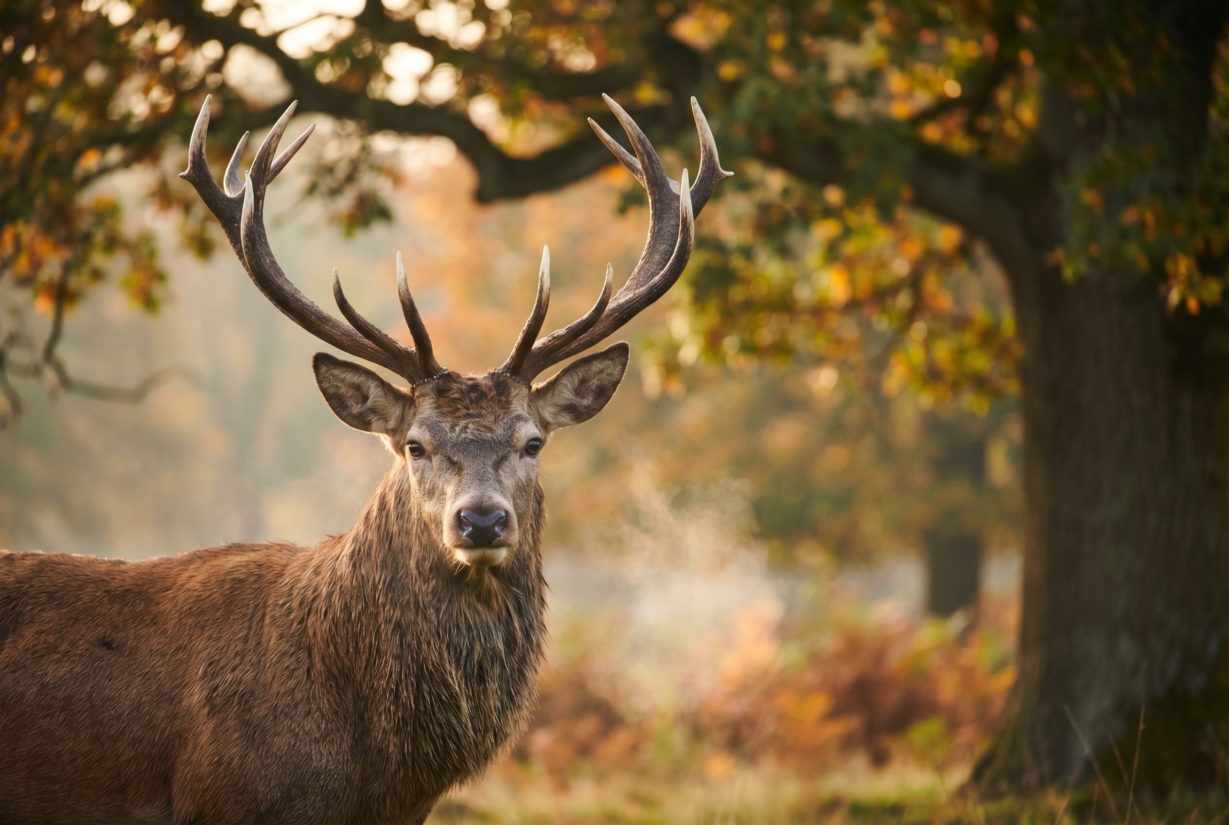 Photographie professionnelle d'un cerf élaphe dans la brume automnale, illustrant les compétences techniques nécessaires pour devenir photographe professionnel.