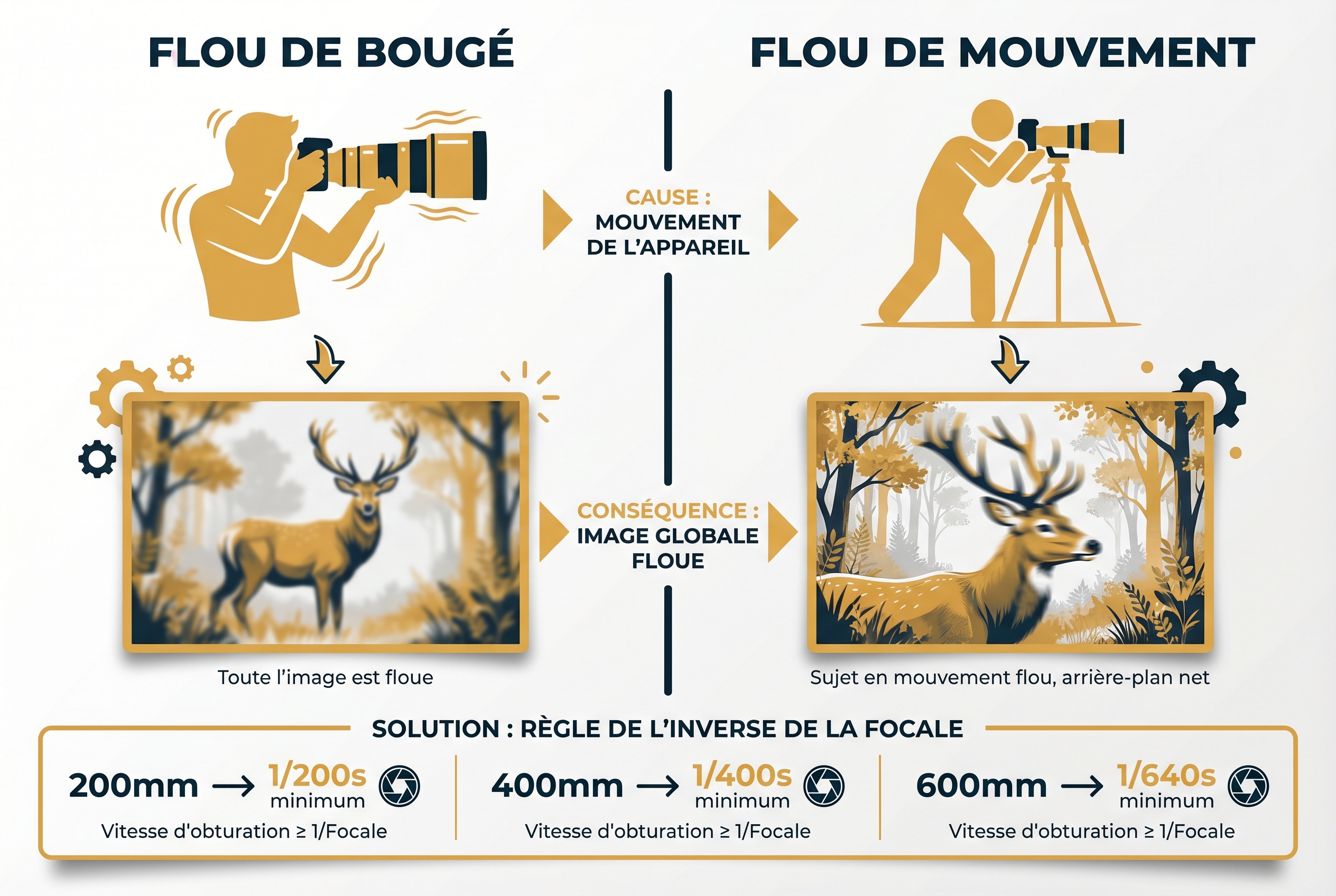 Infographie pédagogique comparant le flou de bougé et le flou de mouvement avec la règle de l'inverse de la focale pour la vitesse d'obturation.