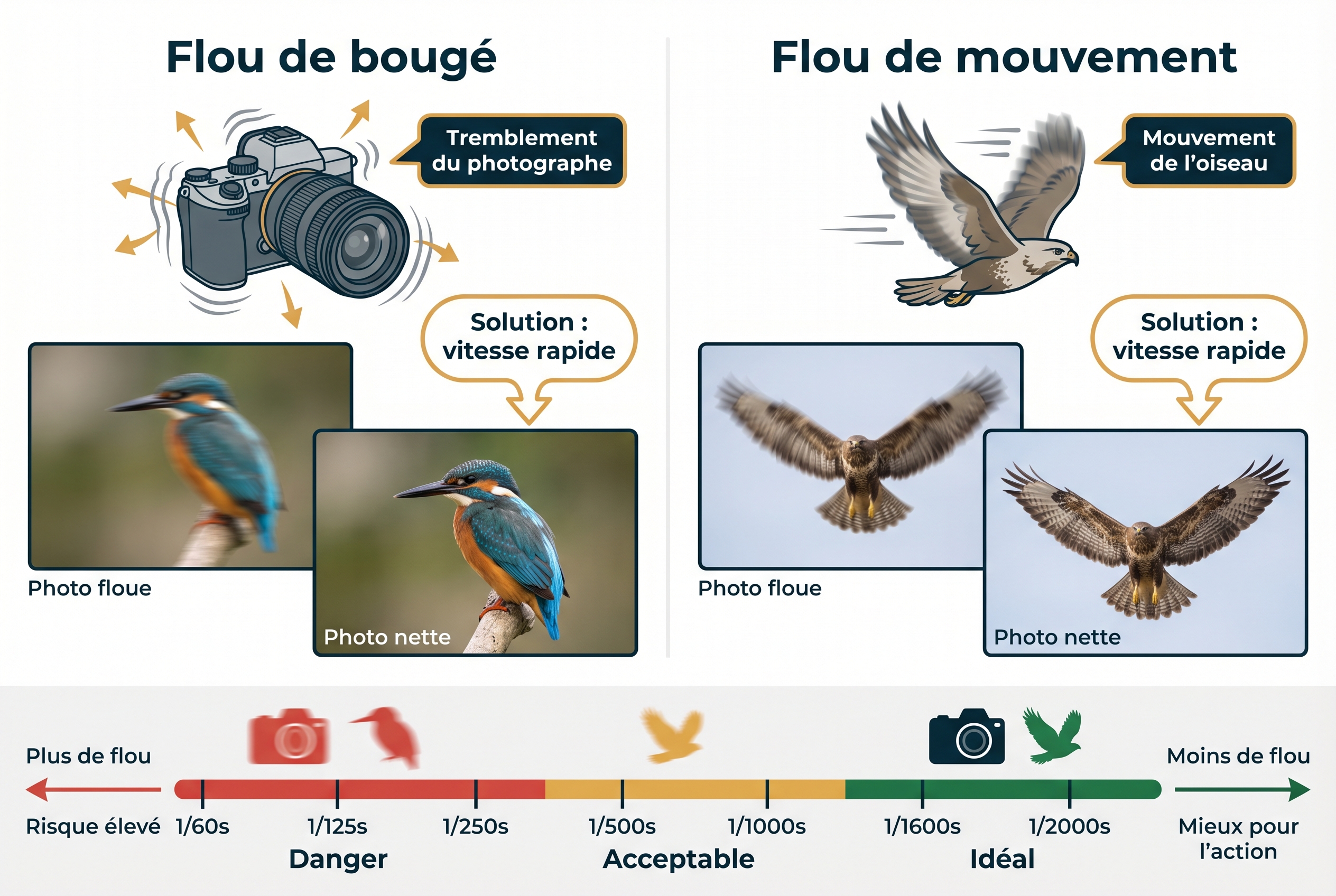 Comment photographier des oiseaux : le guide complet 17 Infographie pédagogique expliquant la différence entre le flou de bougé et le flou de mouvement pour photographier des oiseaux, avec une échelle de vitesse d'obturation.