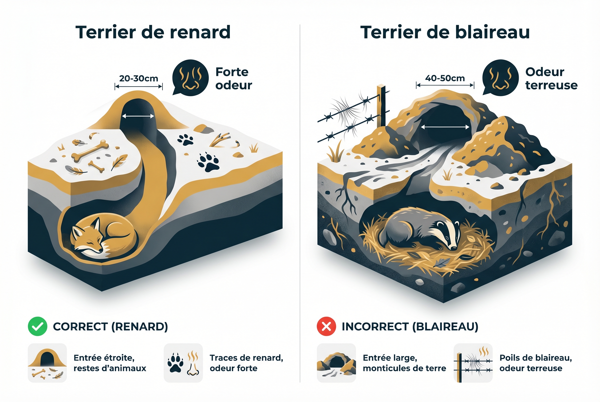 Illustration comparative montrant les différences entre un terrier de renard (entrée étroite, restes de proies) et un terrier de blaireau (entrée large, déblais de terre) pour apprendre à photographier le renard.