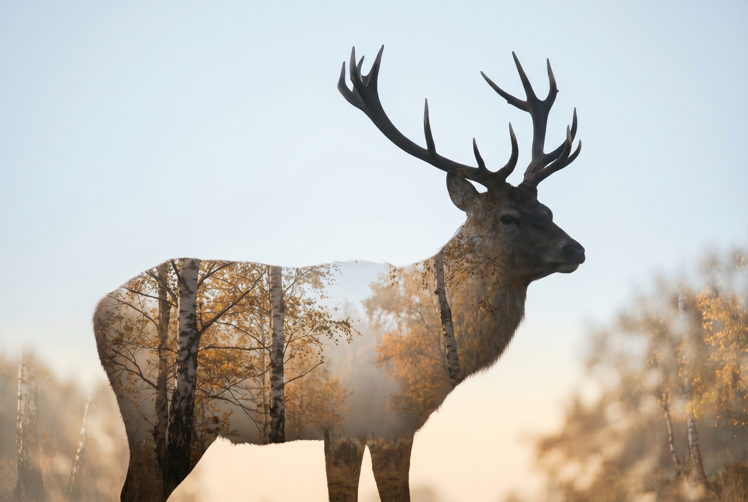Photographie d'art en double exposition montrant la silhouette d'un cerf fusionnant avec une forêt de bouleaux et des feuilles d'automne dorées.