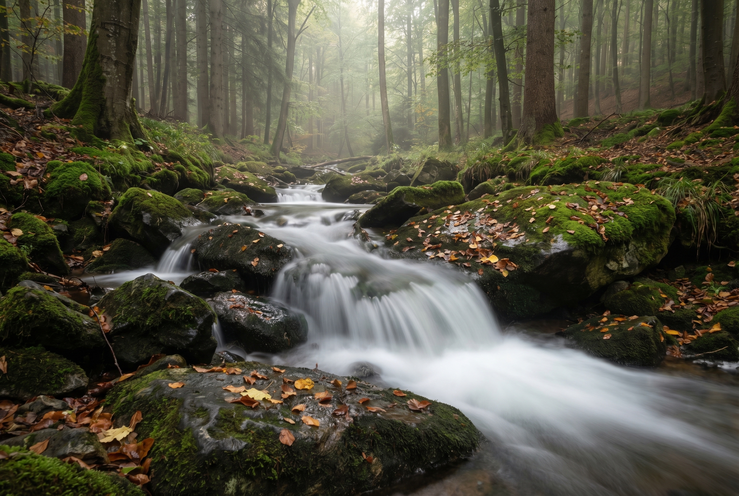 Ruisseau en forêt avec un effet d'eau soyeuse obtenu grâce à une vitesse d'obturation lente de 2 secondes.