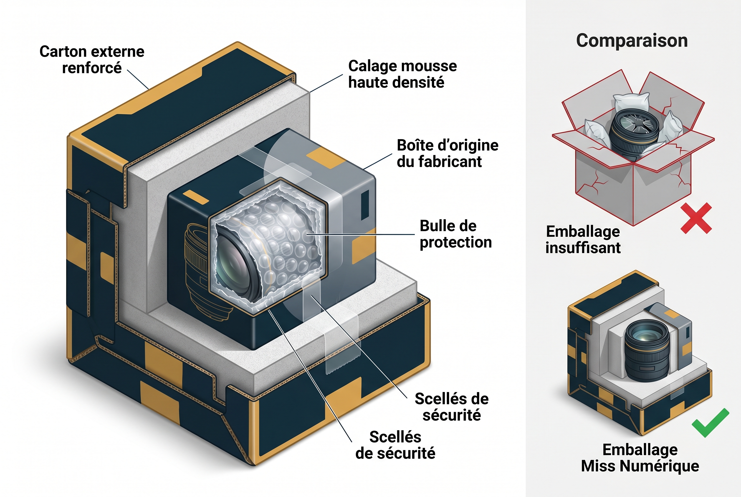 Schéma explicatif montrant la protection multicouche des colis Miss Numérique : carton renforcé, mousse haute densité et double boîte pour la sécurité du matériel photo.
