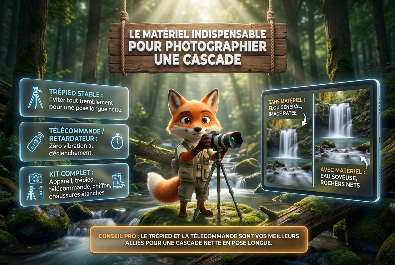 Illustration pédagogique présentant le matériel pour photographier une cascade : trépied stable, télécommande filaire et mode retardateur pour un effet d'eau soyeuse.