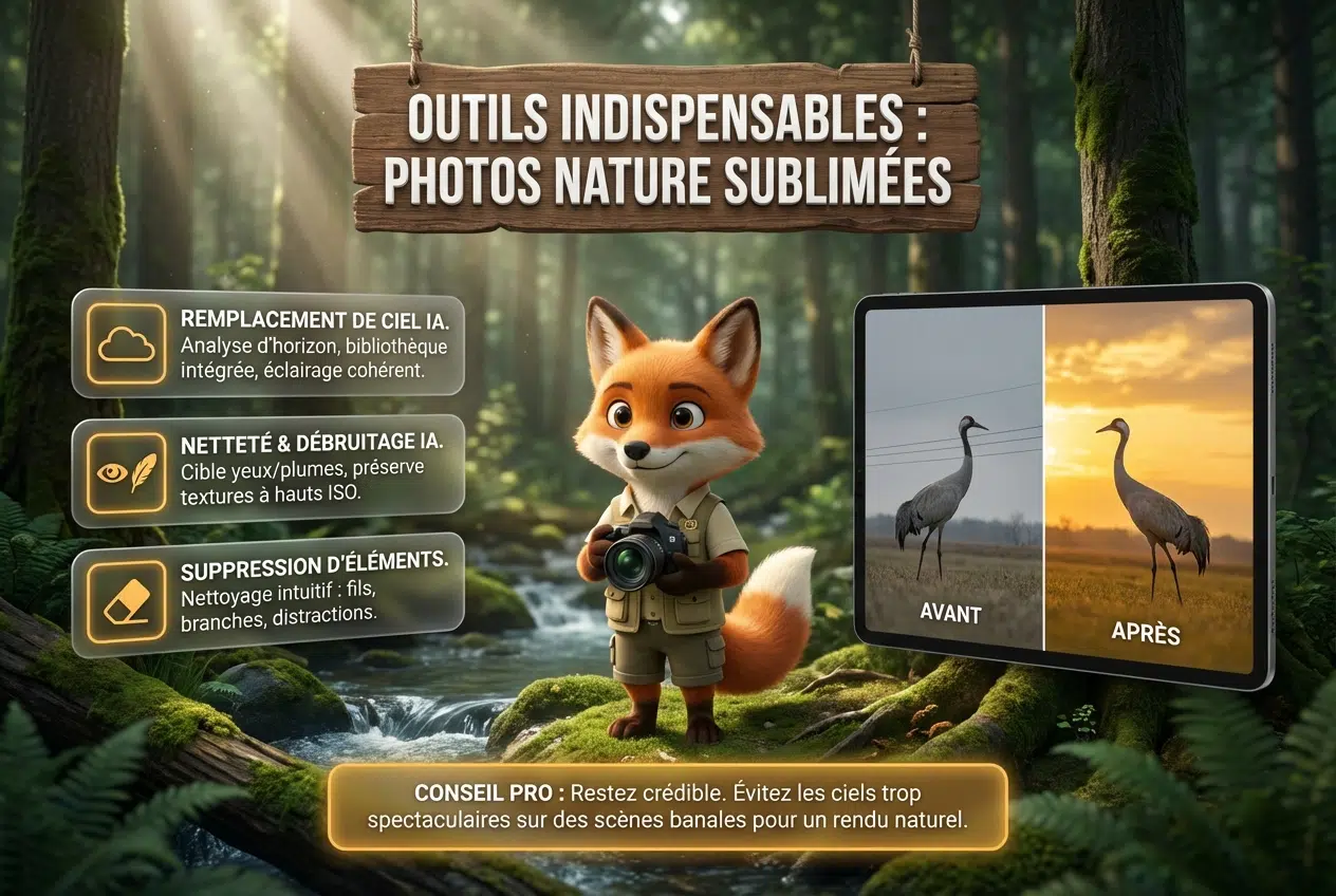 Renard photographe présentant des outils d'intelligence artificielle pour la retouche de photos de nature en forêt