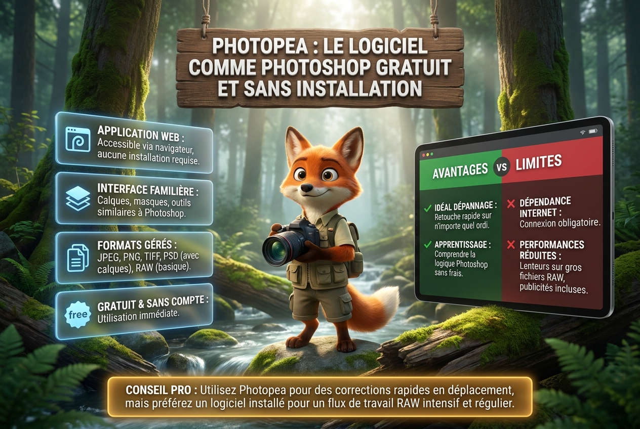 En bref – Photopea : le logiciel comme Photoshop gratuit et sans installation, ses atouts et ses limites.