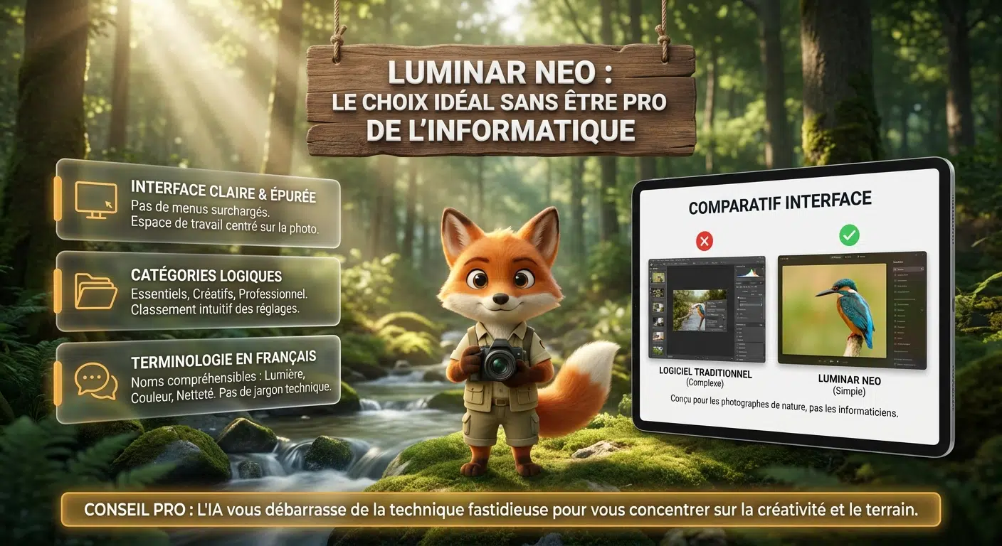 Infographie Luminar Neo avec un renard photographe comparant des interfaces logicielles dans une forêt ensoleillée.