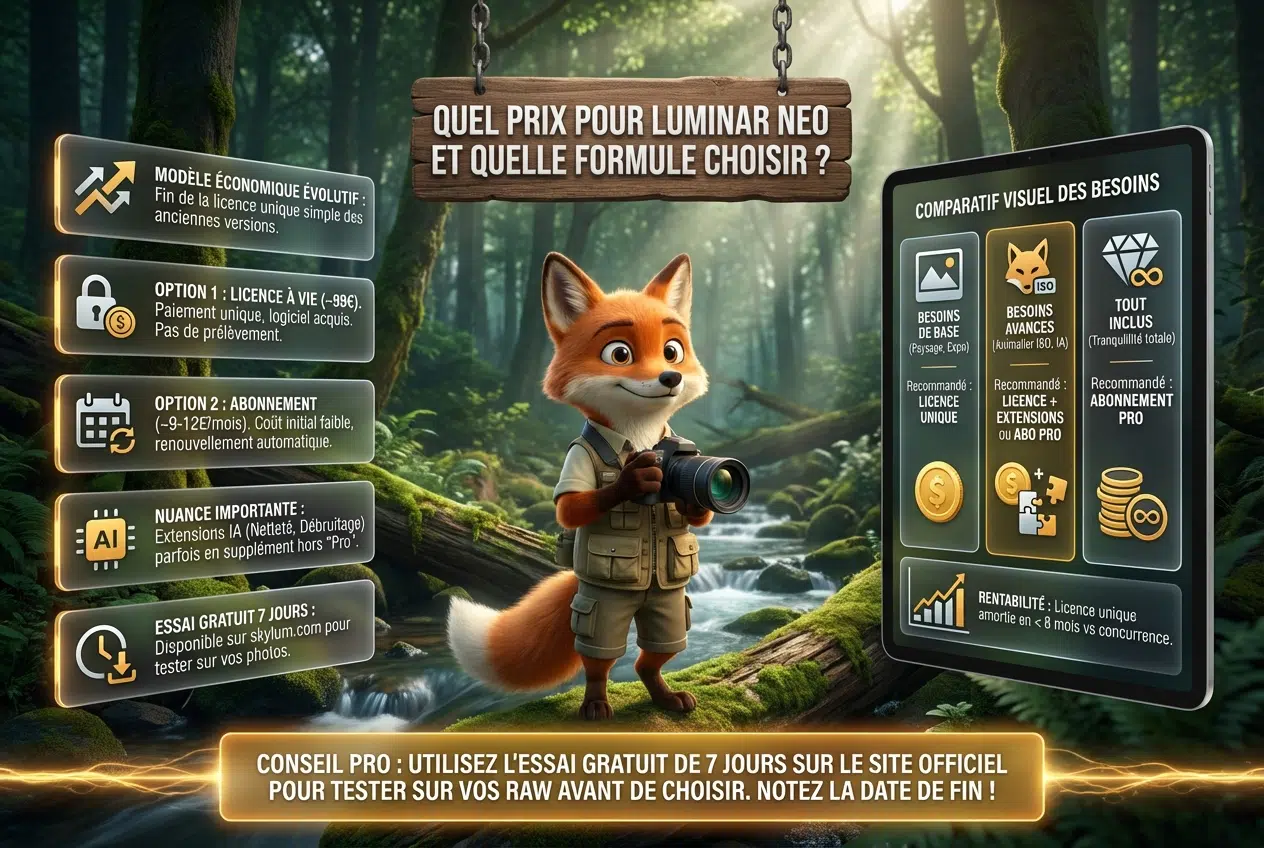 Infographie présentant les tarifs de Luminar Neo avec un renard photographe dans une forêt