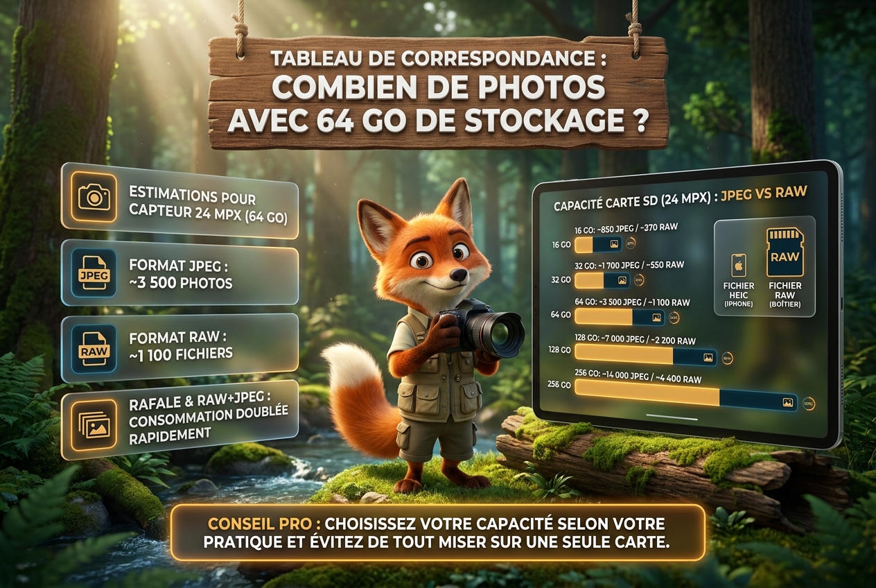En bref : tableau de correspondance combien de photos avec 64 Go de stockage