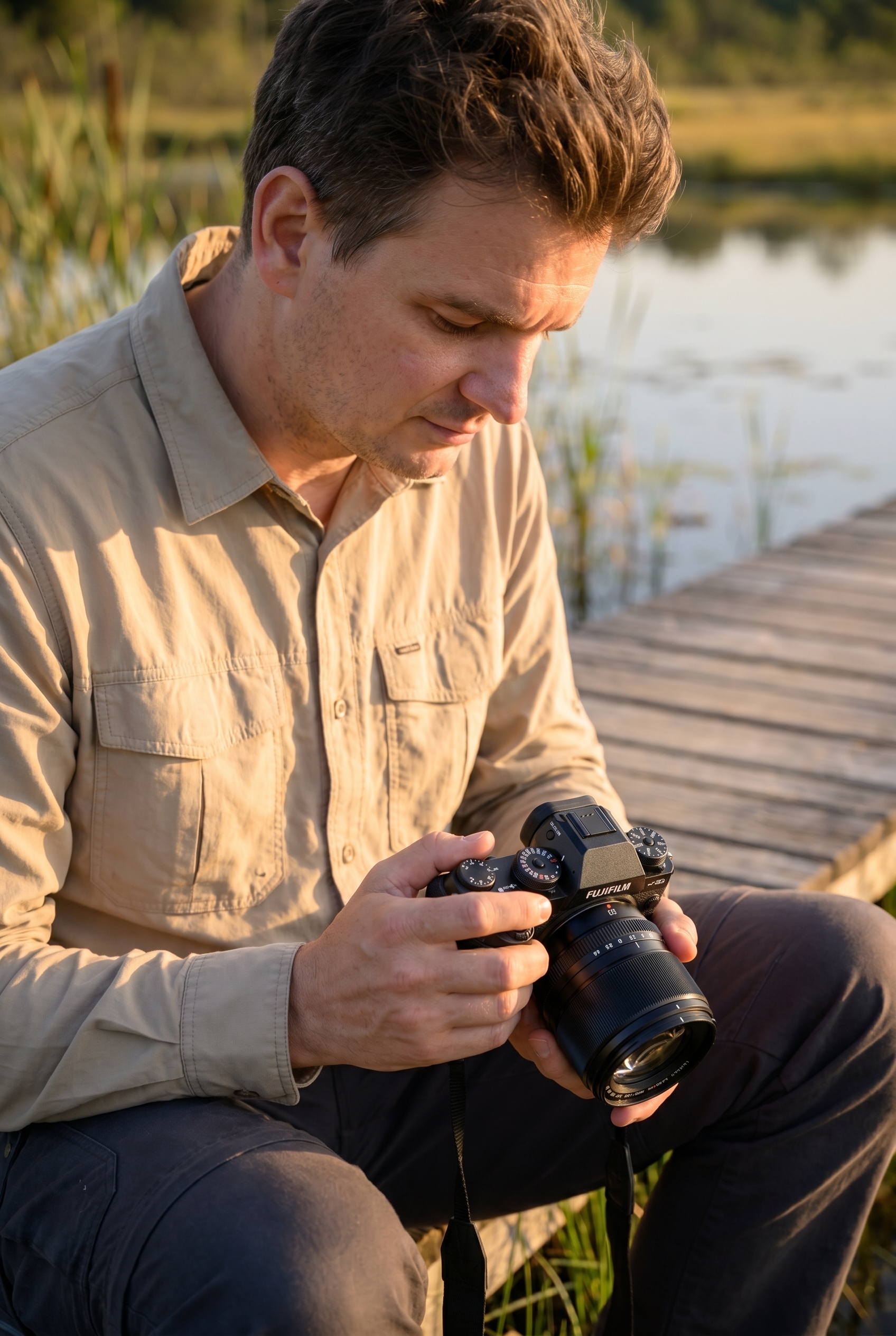 Photographe naturaliste réglant les molettes physiques d'un appareil photo hybride Fujifilm au bord d'une zone humide au coucher du soleil.