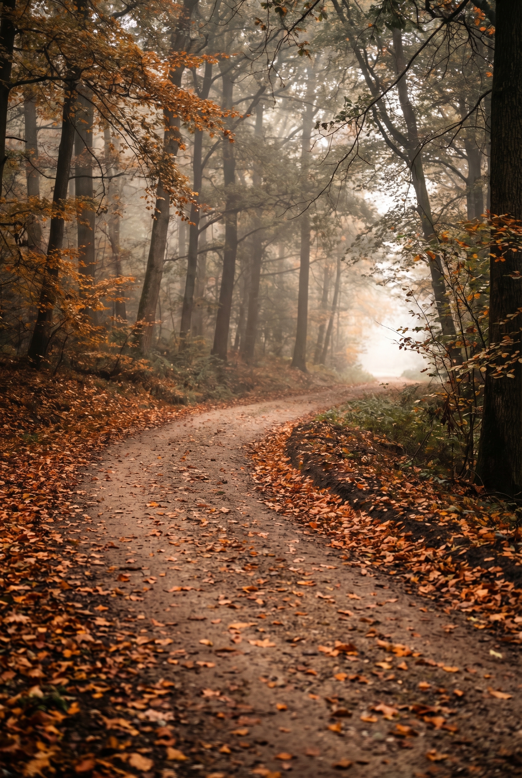 Sentier forestier sinueux en automne illustrant une erreur de composition des lignes directrices en photographie.
