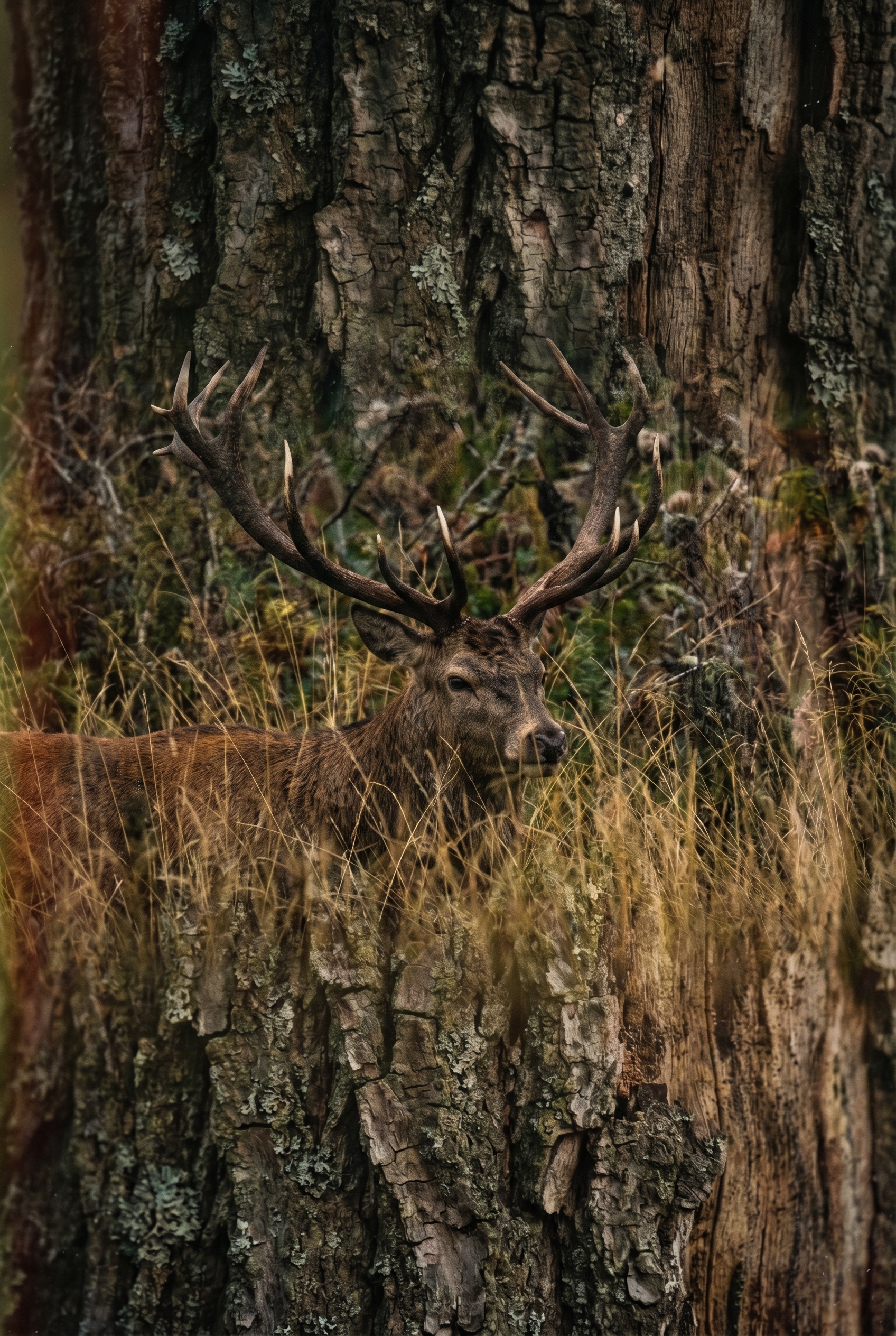 Photographie en double exposition confuse associant un cerf élaphe dans les herbes et une texture d'écorce de chêne, illustrant une surimpression illisible.