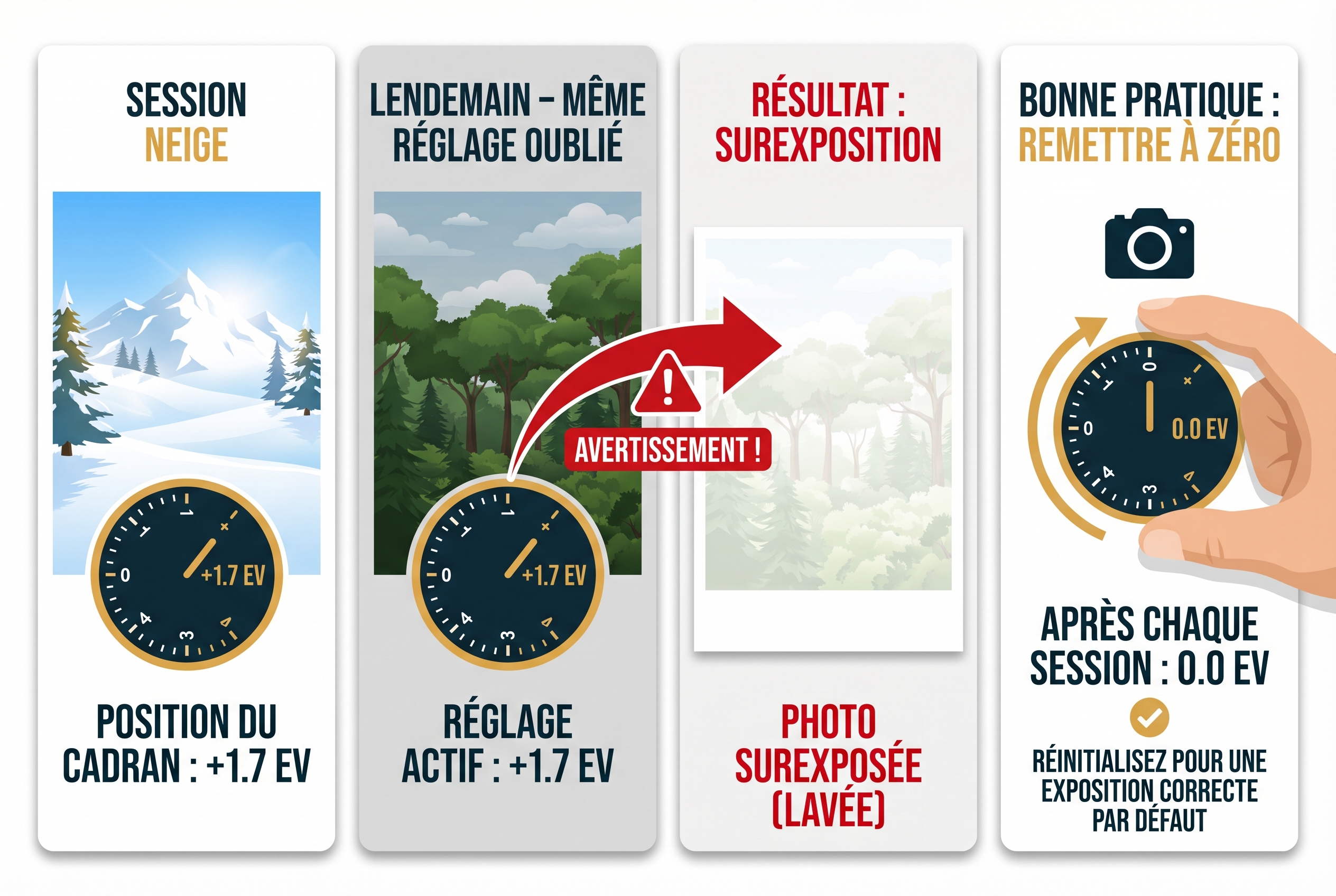 Correction d’exposition : comment l’utiliser et être créatif 31 Infographie pédagogique expliquant l'erreur classique de la correction d'exposition : oublier de réinitialiser le réglage après une séance photo sur la neige.