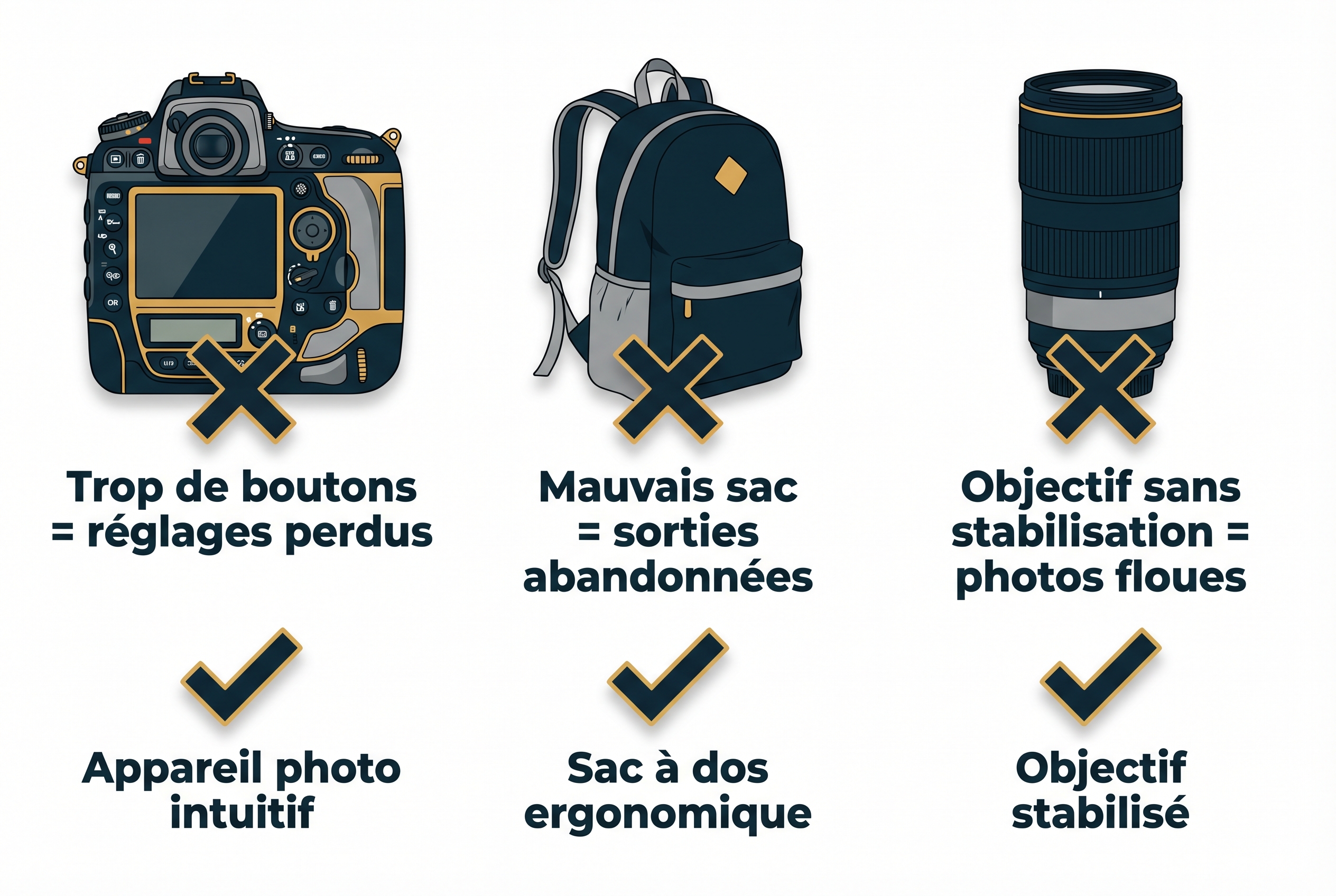 Illustration éducative comparant les erreurs de choix de matériel photo animalière (boîtier complexe, sac inadapté, objectif non stabilisé) et les bonnes alternatives pour débuter.