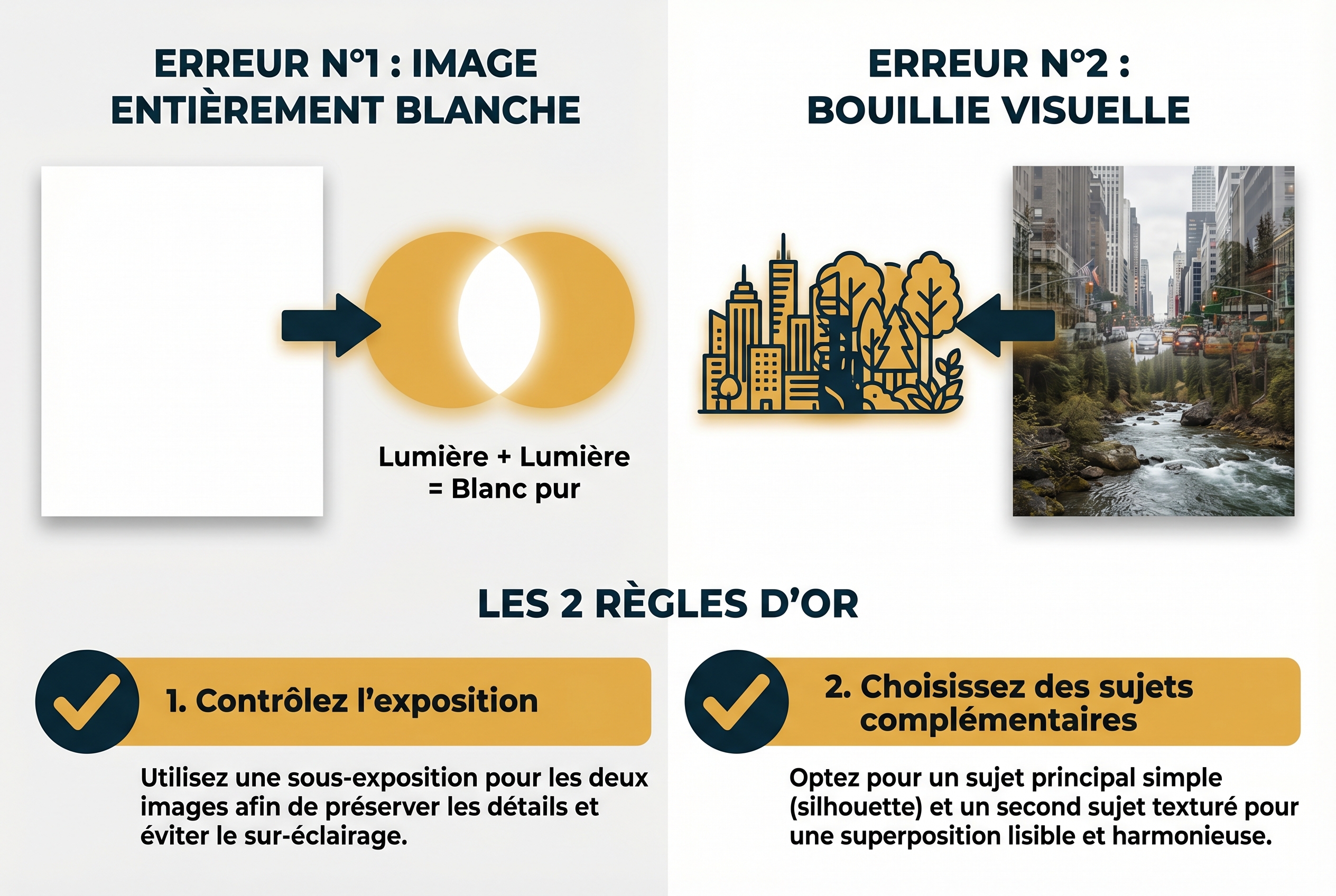 Illustration pédagogique présentant les deux erreurs principales en double exposition : la surexposition (image blanche) et la confusion visuelle (sujets trop complexes).