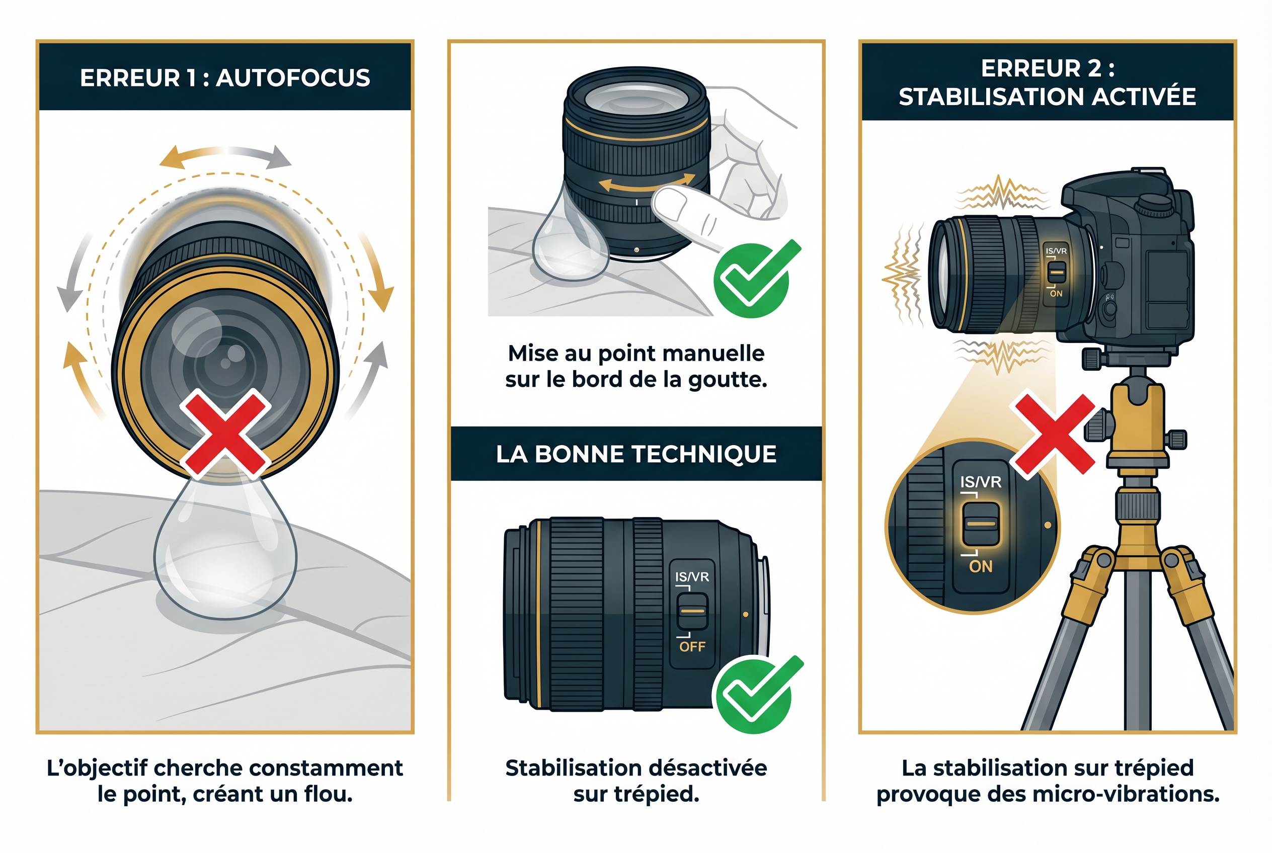 Infographie pédagogique montrant comment photographier une goutte d'eau : comparaison entre les erreurs d'autofocus et de stabilisation activée face aux solutions de mise au point manuelle et stabilisation désactivée.