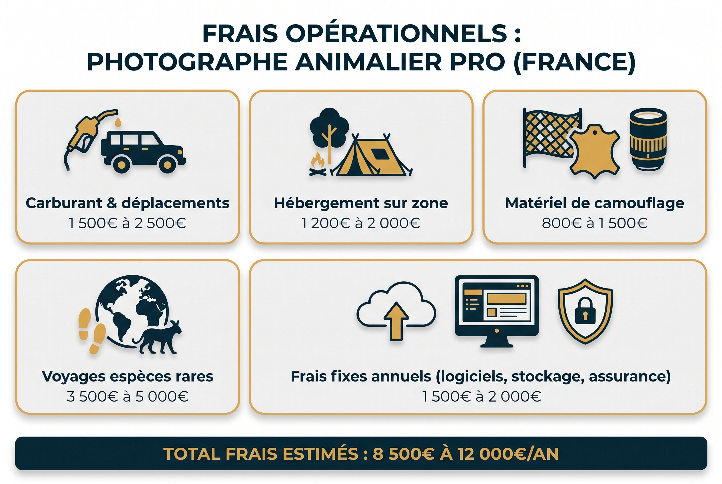 Salaire photographe animalier : combien peut-on vraiment gagner ? 23 Infographie pédagogique détaillant les frais de terrain d'un photographe animalier : carburant, hébergement, matériel de camouflage, voyages et frais fixes.
