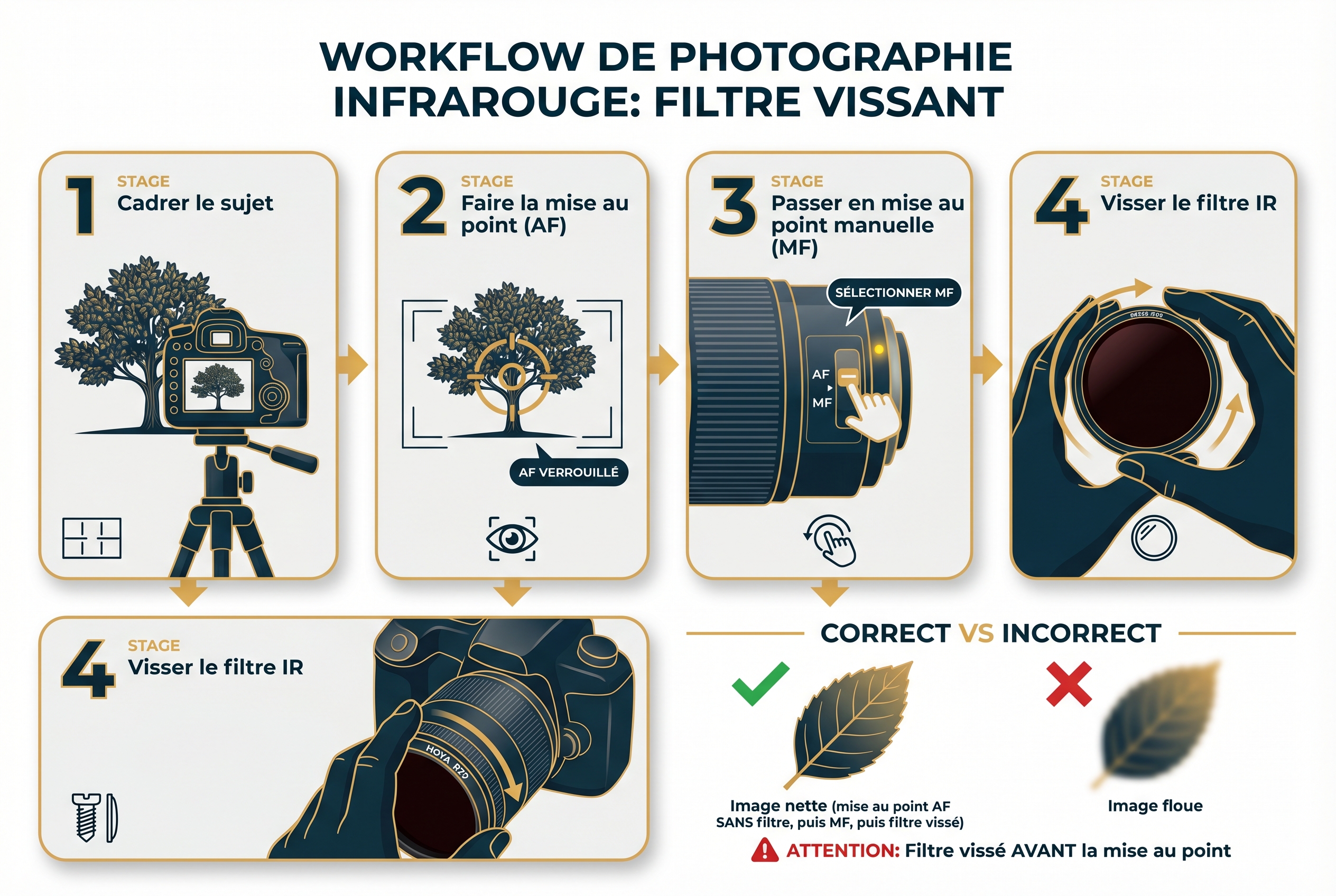 Infographie pédagogique en 4 étapes pour réussir la mise au point en photographie infrarouge avec un filtre vissant : cadrage, AF, bascule en MF et pose du filtre.