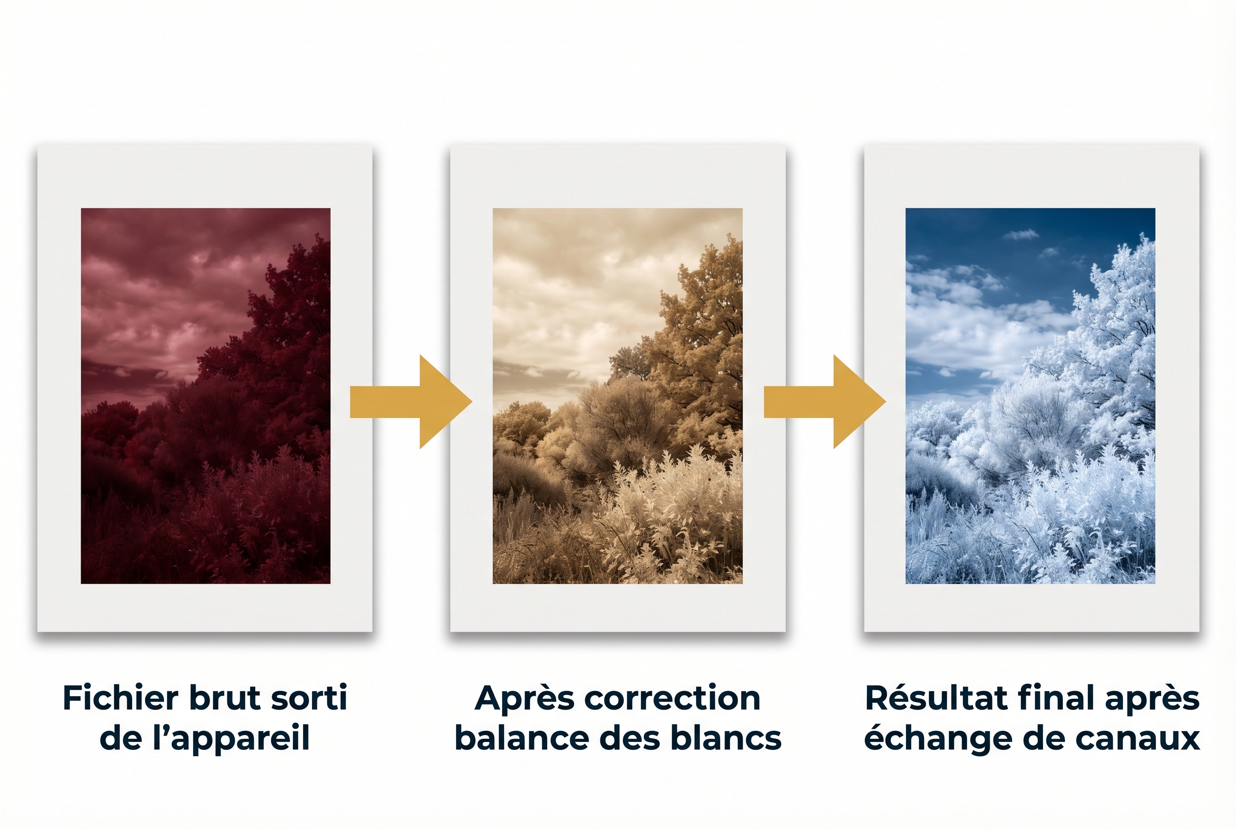 Infographie montrant les 3 étapes de la retouche en photographie infrarouge : fichier brut rouge, correction de la balance des blancs et résultat final après échange des canaux.