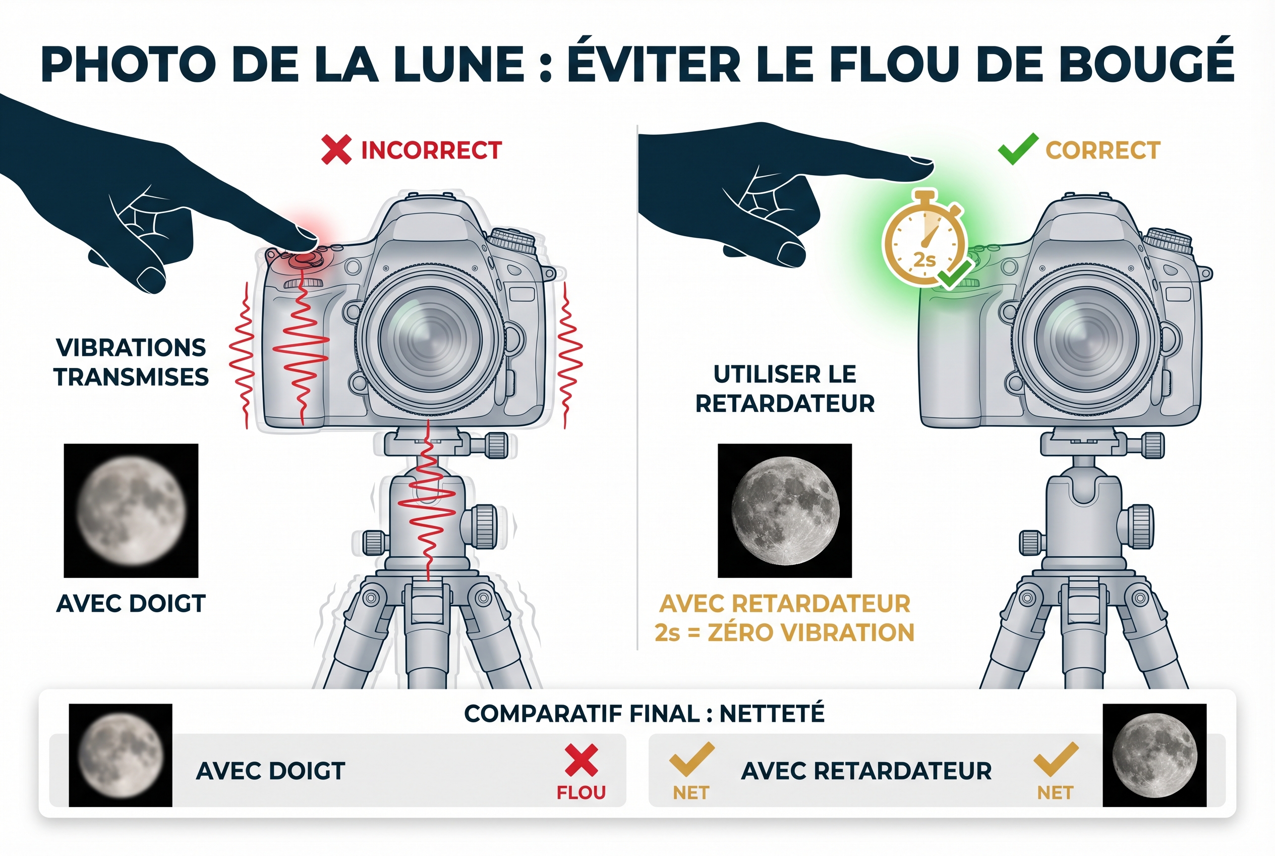 Schéma pédagogique comparant les vibrations du déclencheur manuel face à l'utilisation du retardateur pour photographier la lune sur trépied.