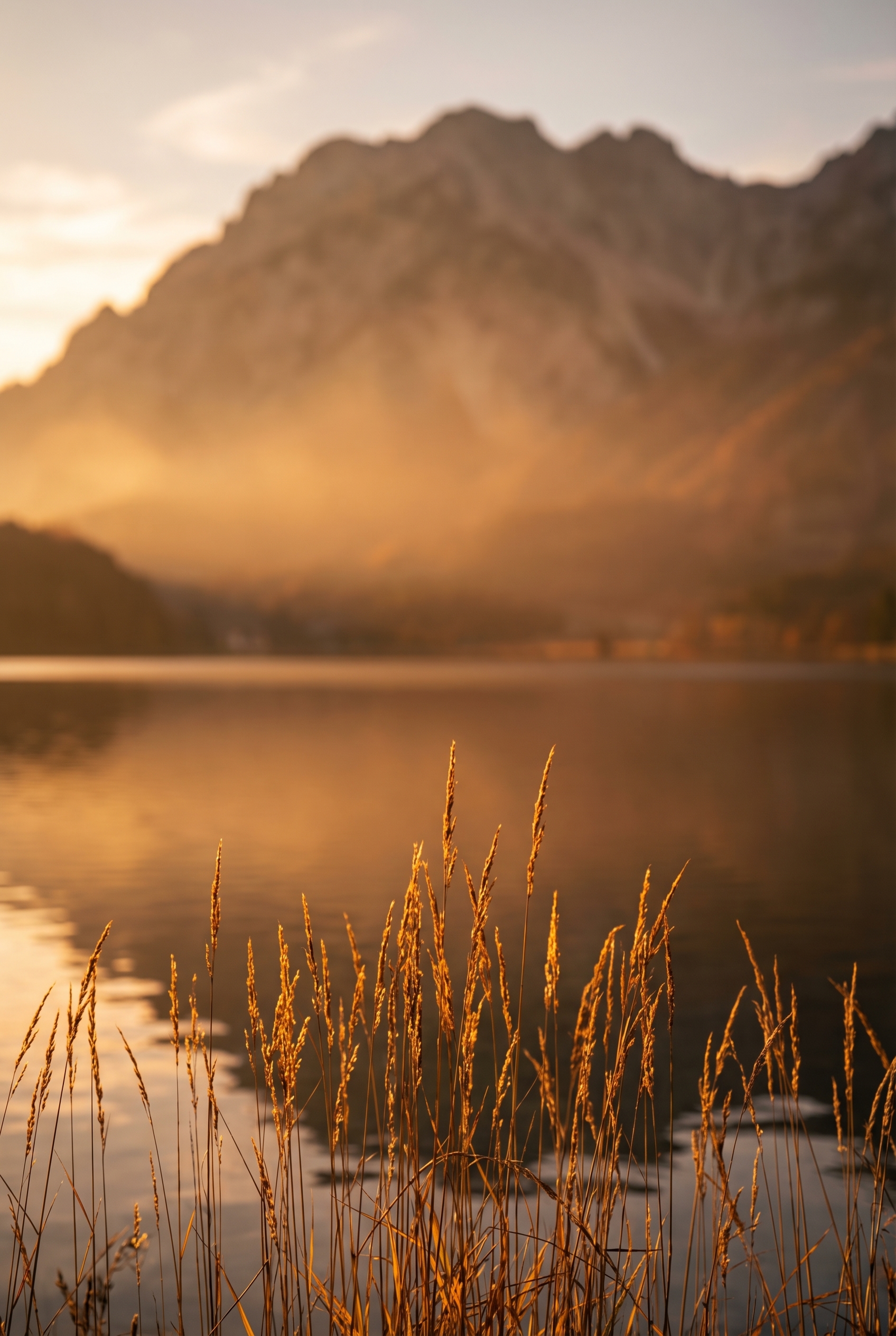 Profondeur de champ : le secret des bokeh incroyables 24 Roseaux nets au premier plan et montagnes floues au coucher du soleil illustrant la profondeur de champ.