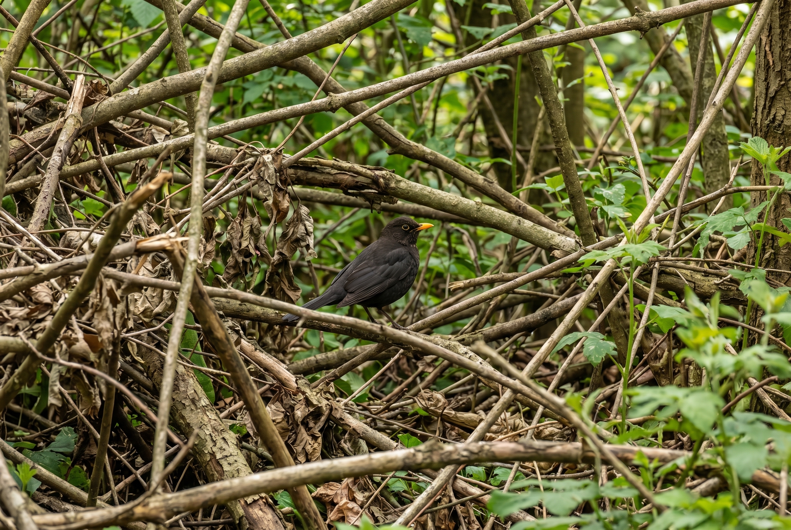 Profondeur de champ : le secret des bokeh incroyables 14 Merle noir mâle perché en forêt avec une grande profondeur de champ rendant l'arrière-plan et le premier plan totalement nets.