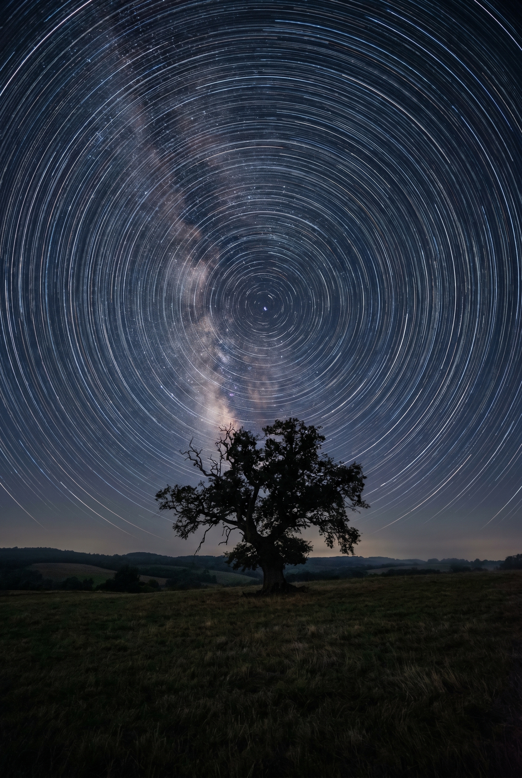 Photographie circumpolaire montrant un filé d'étoiles en arcs concentriques parfaits autour de l'étoile polaire au-dessus de la silhouette d'un chêne.