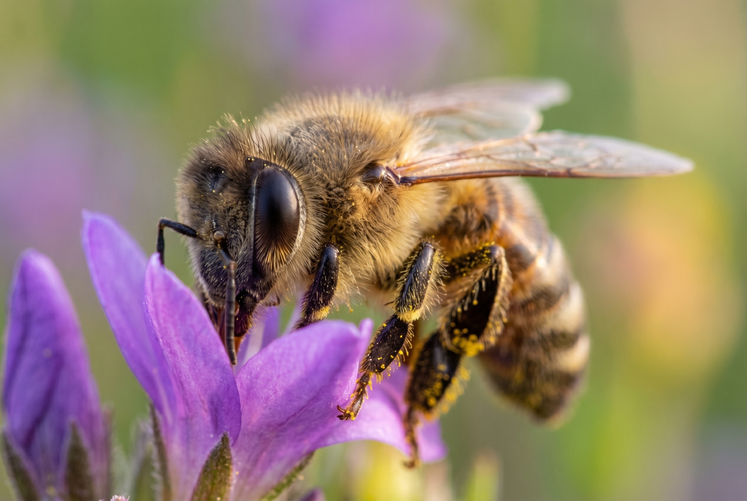 Le focus stacking : comment avoir des photos 100% nettes 12 Gros plan macro d'une abeille sur une fleur montrant une faible profondeur de champ, illustrant le besoin de focus stacking pour une netteté totale.