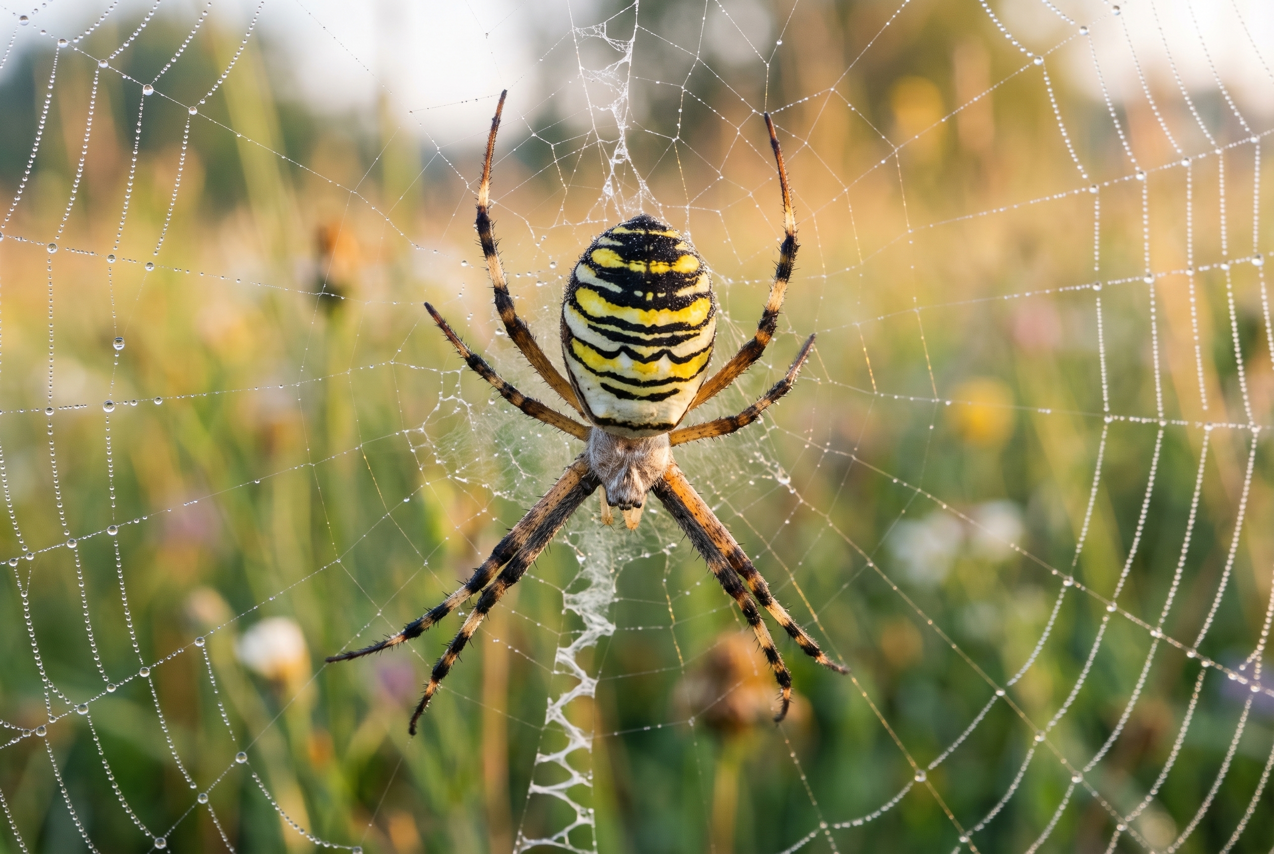 Le focus stacking : comment avoir des photos 100% nettes 23 Photographie macro d'une araignée Argiope frelon sur sa toile avec rosée, illustrant la technique du focus stacking pour une netteté parfaite.
