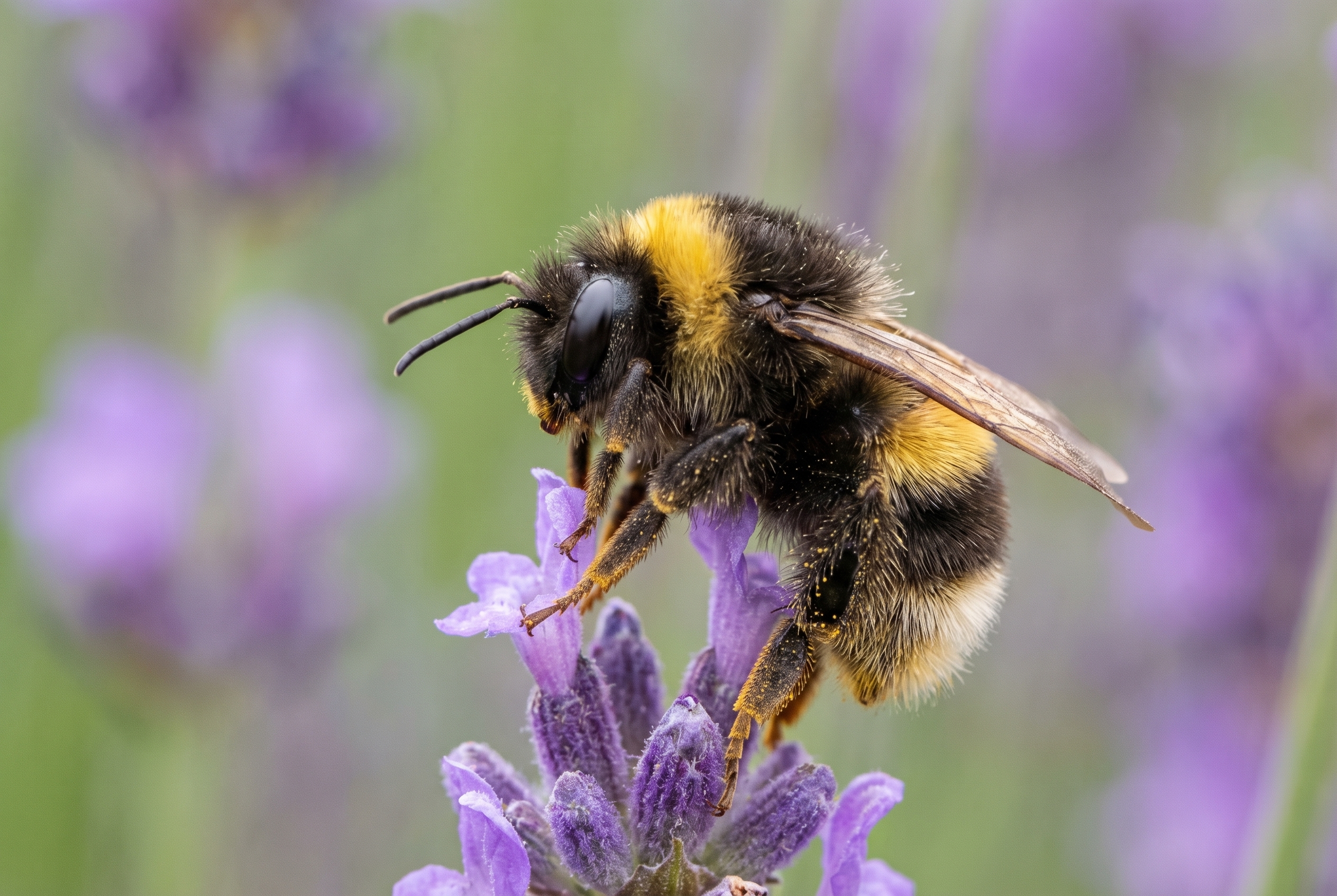 Le focus stacking : comment avoir des photos 100% nettes 29 Photographie macro d'un bourdon sur une fleur de lavande illustrant la technique du focus stacking pour une netteté intégrale de l'insecte.