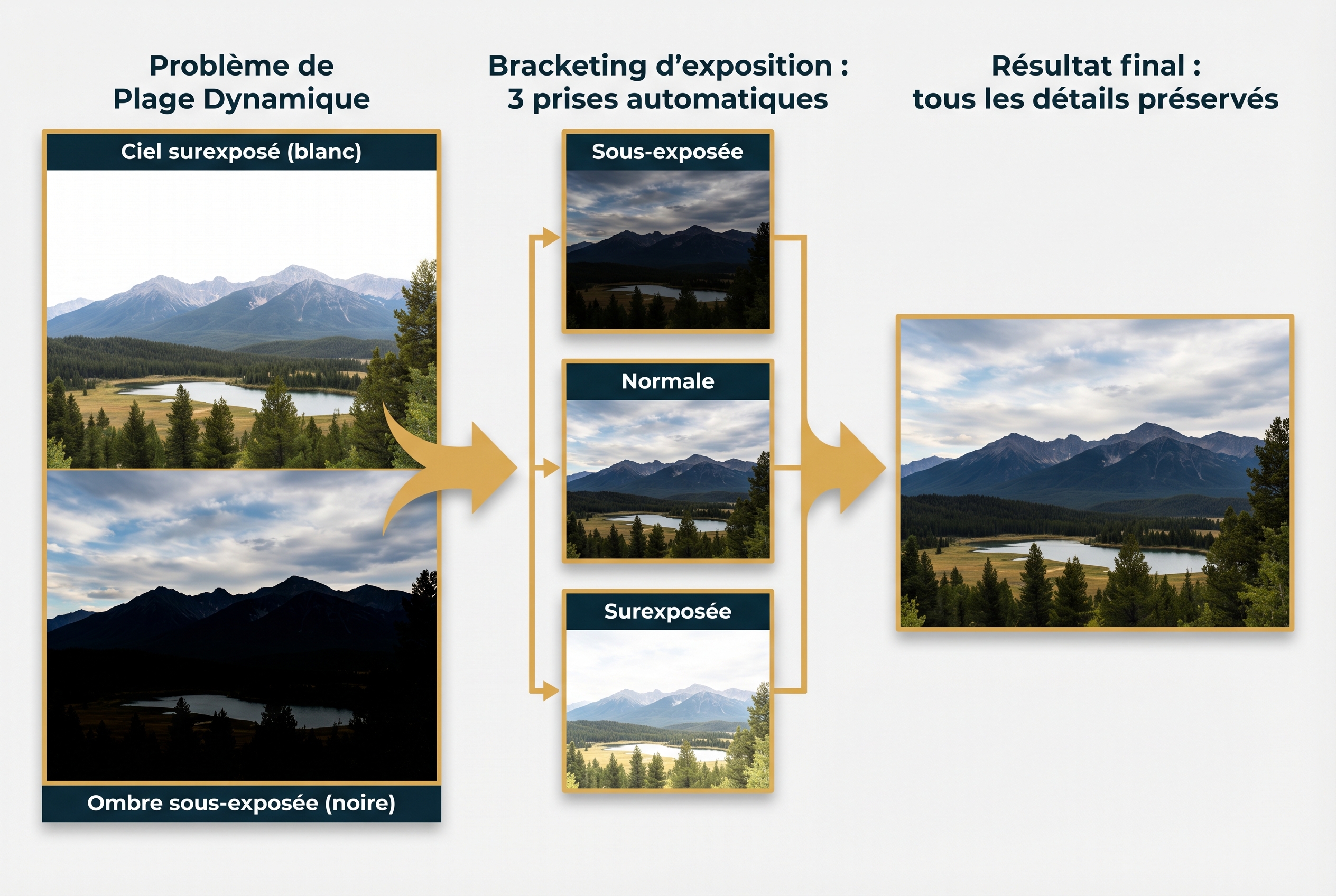 Réussir le bracketing photo : le guide complet 13 Schéma pédagogique expliquant le bracketing photo : comparaison entre une exposition ratée et une série de trois prises de vues fusionnées pour un résultat parfait.