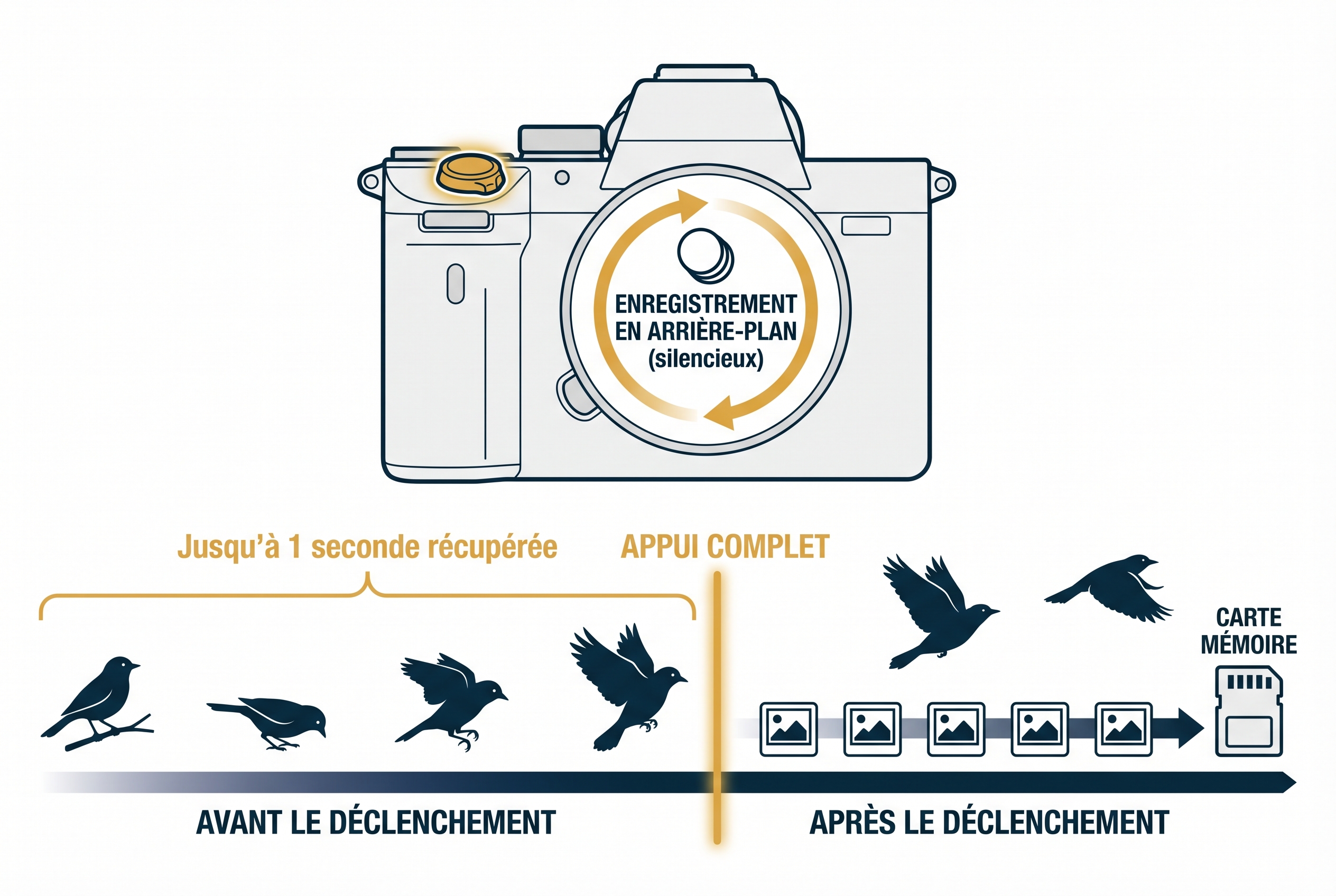 Comment photographier des oiseaux : le guide complet 32 Schéma pédagogique expliquant le mode pré-capture sur un appareil hybride pour photographier des oiseaux en plein envol.