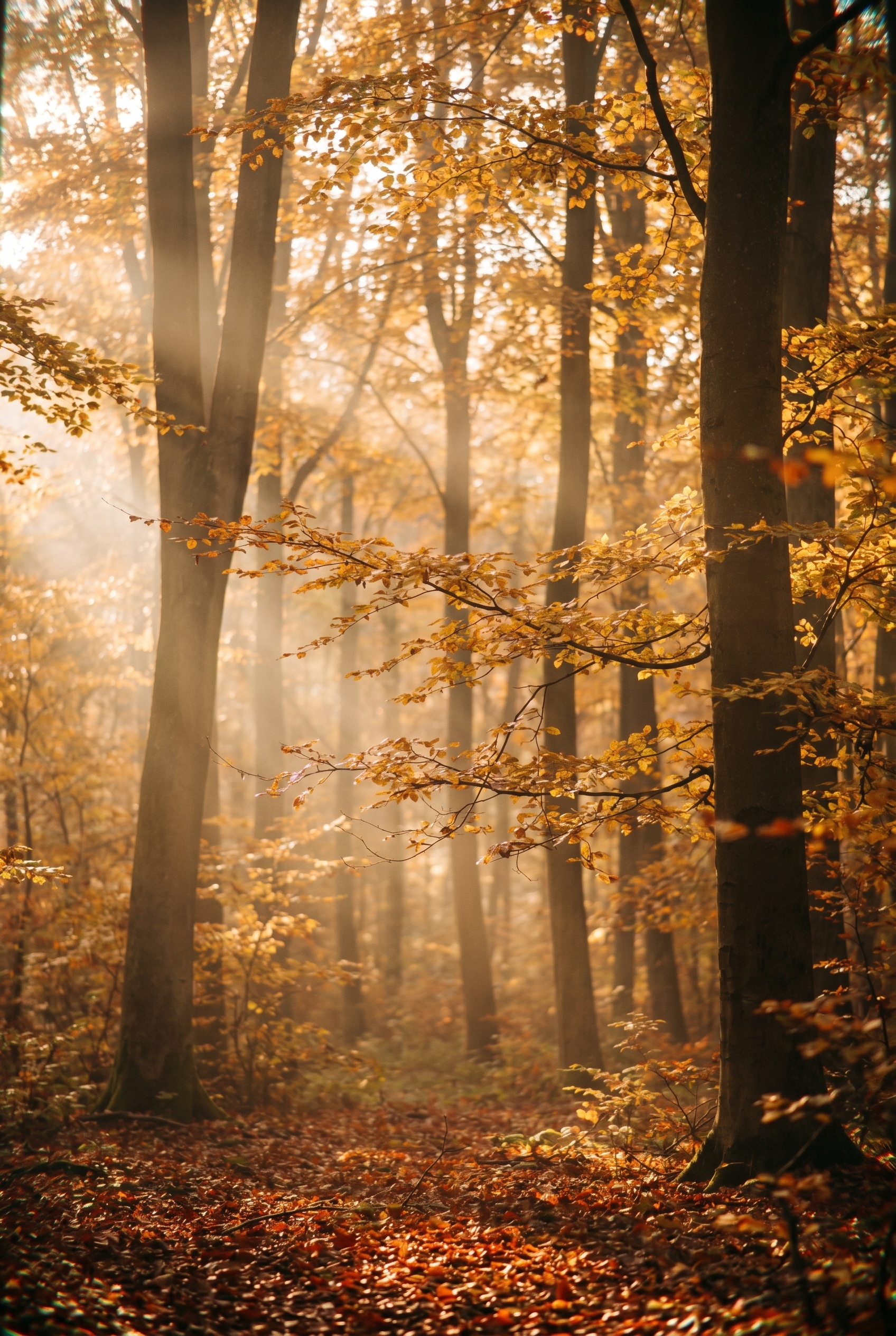 Réussir l'effet orton : le secret pour des photos de nature féeriques 17 Forêt d'automne brumeuse avec des rayons de lumière illustrant le rendu vaporeux de l'effet Orton.