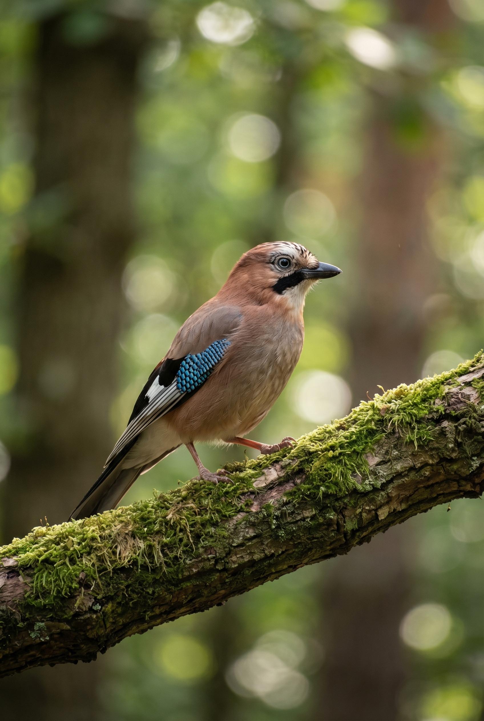 Profondeur de champ : le secret des bokeh incroyables 19 Photographie d'un geai des chênes aux détails nets sur une branche moussue, illustrant une faible profondeur de champ avec un arrière-plan en bokeh flou.