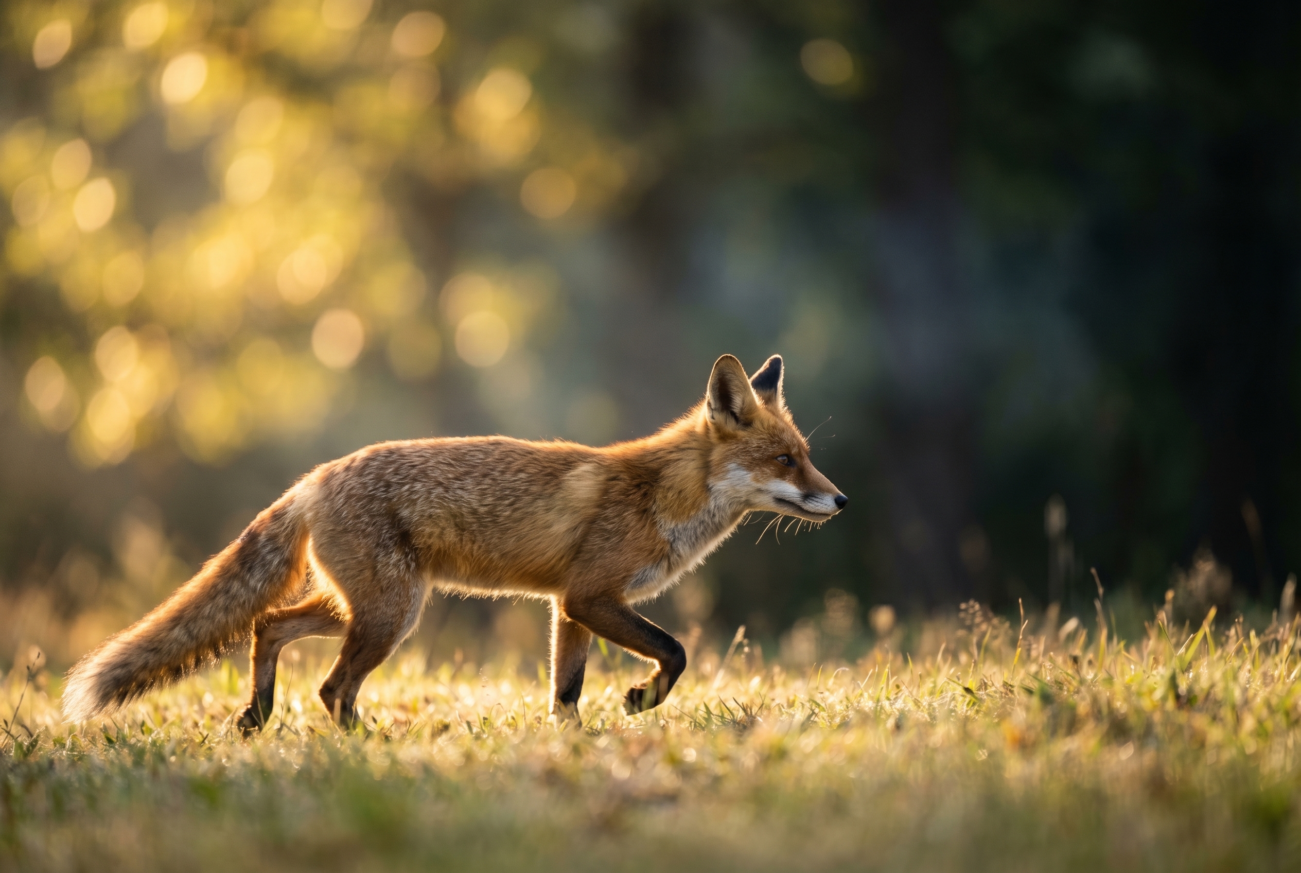 Sensibilité ISO : tout comprendre pour des photos sans bruit 24 Renard roux courant d'une prairie ensoleillée vers l'ombre d'une forêt, illustrant l'ajustement de la sensibilité ISO pour la netteté du pelage.