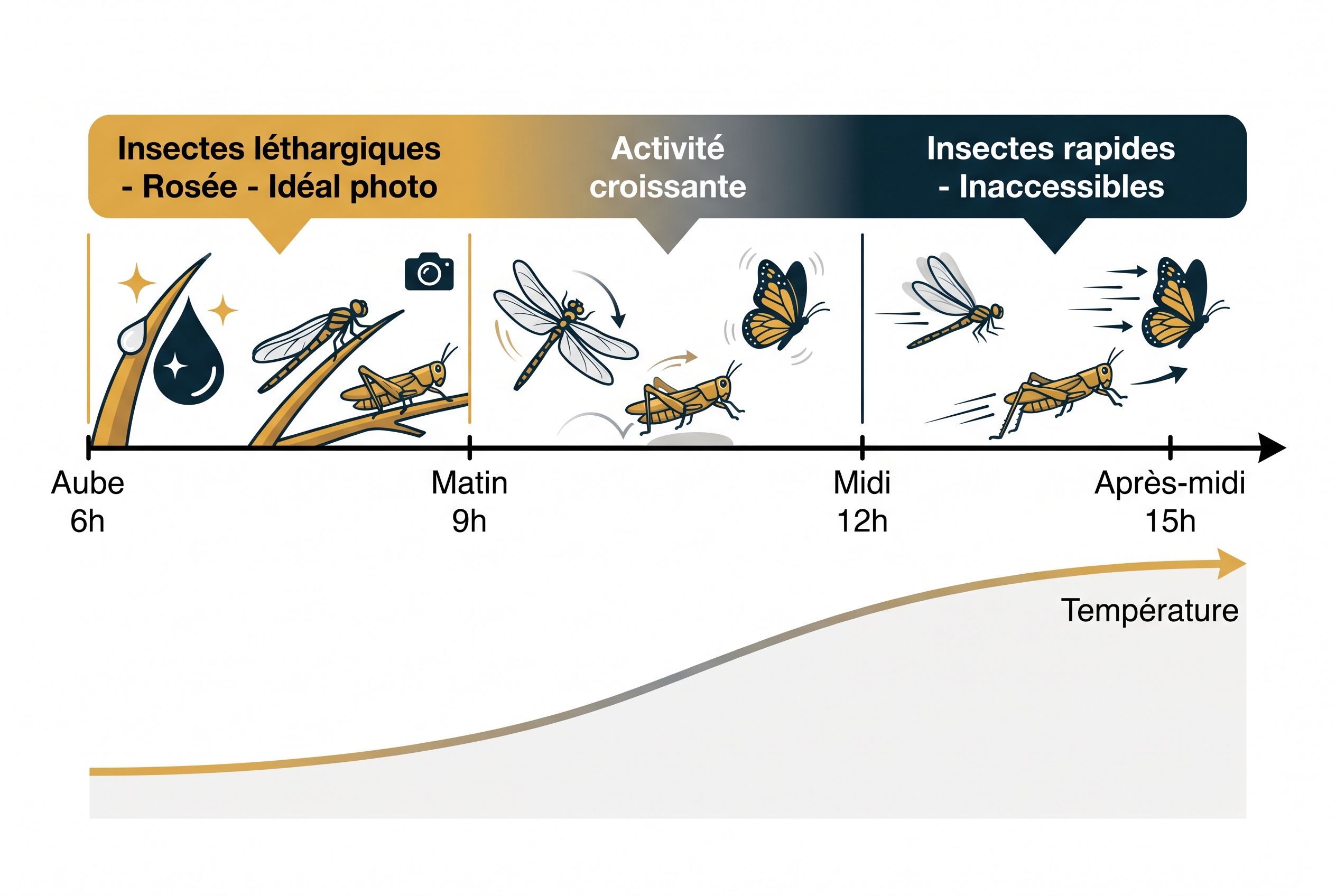 Illustration pédagogique montrant la relation entre la température et l'activité des insectes : le matin avec la rosée est le moment idéal pour photographier les insectes car ils sont léthargiques.