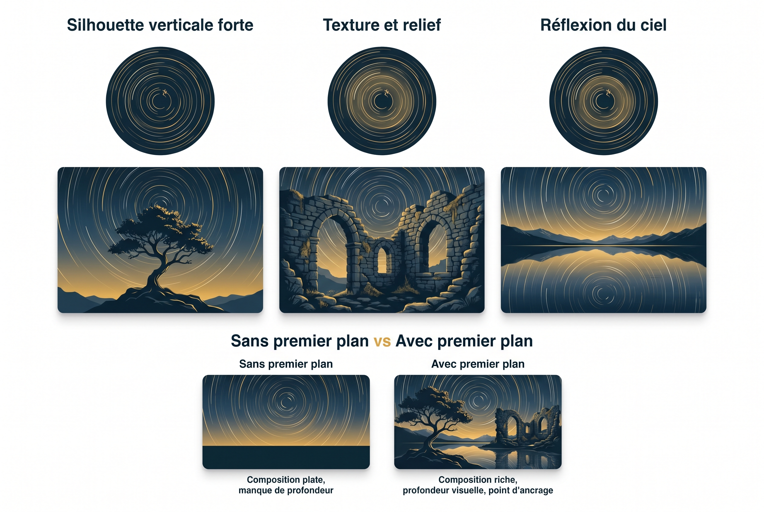 Illustration pédagogique présentant trois types de premiers plans pour une photo circumpolaire : silhouette d'arbre, ruine en pierre et reflet sur un lac avec filé d'étoiles.