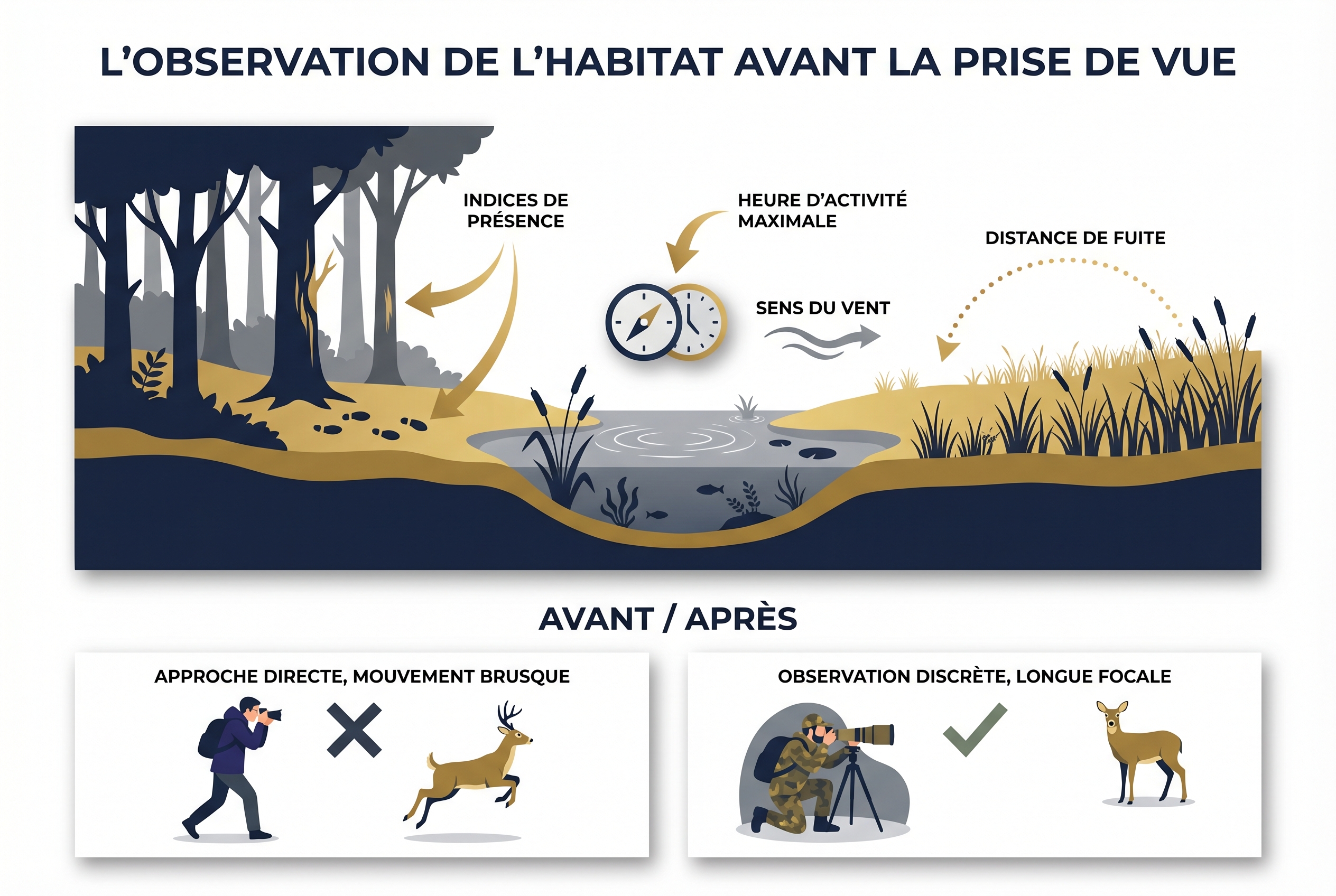 Illustration pédagogique pour débuter en photo animalière montrant comment analyser l'habitat (lisière, point d'eau) et la différence entre une approche directe et l'affût avec téléobjectif.