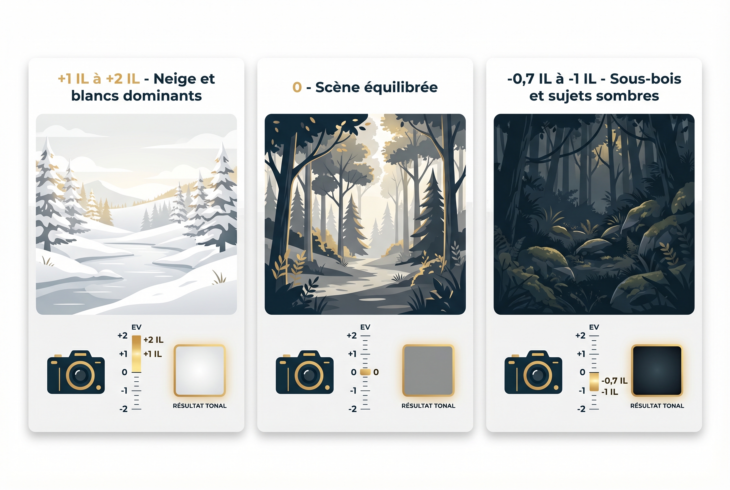 Correction d’exposition : comment l’utiliser et être créatif 26 Infographie pédagogique expliquant la correction d'exposition (IL/EV) pour la neige, une scène équilibrée et un sous-bois sombre.