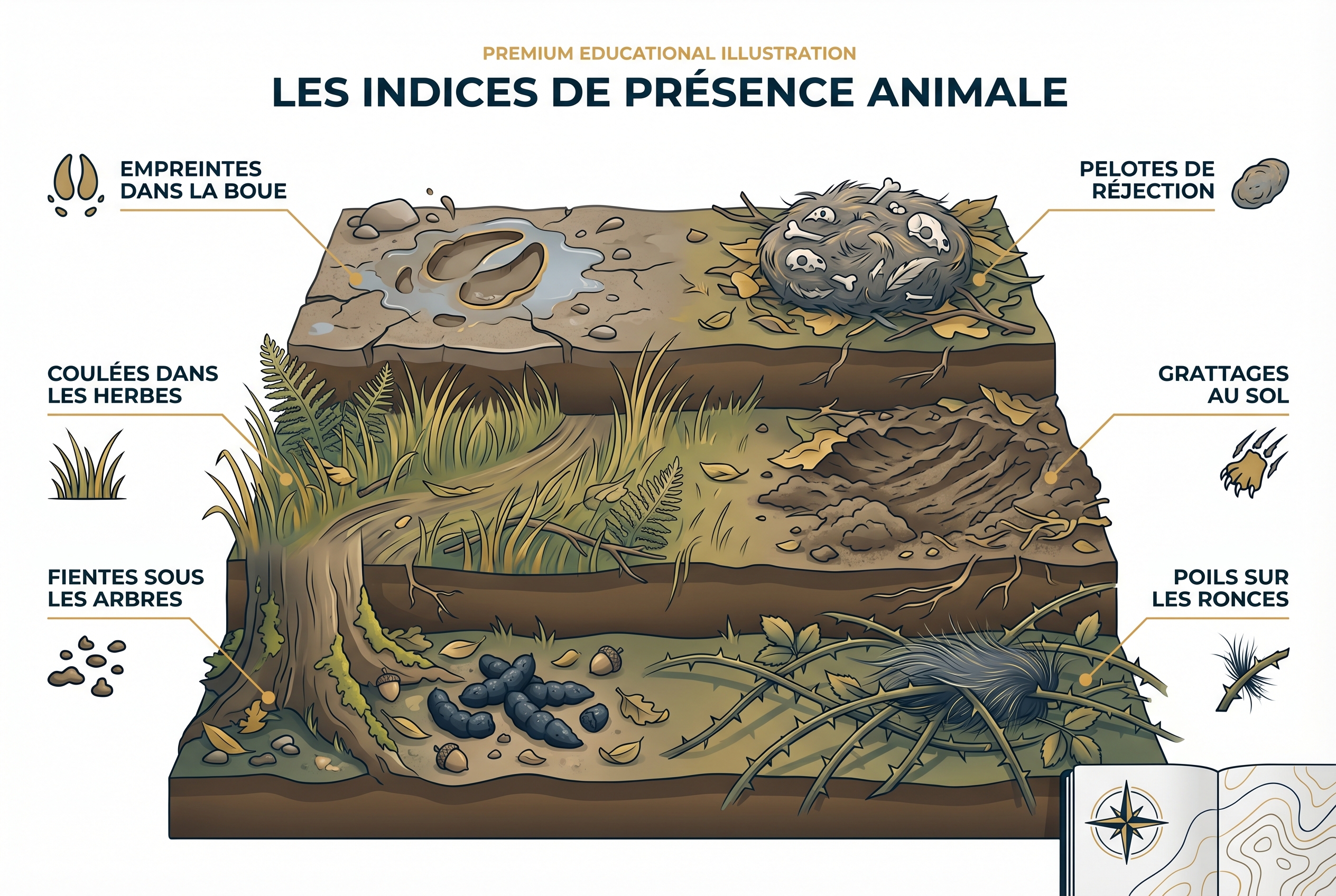Illustration pédagogique présentant les indices de présence animale : empreintes, coulées, poils et fientes pour apprendre à photographier des animaux.