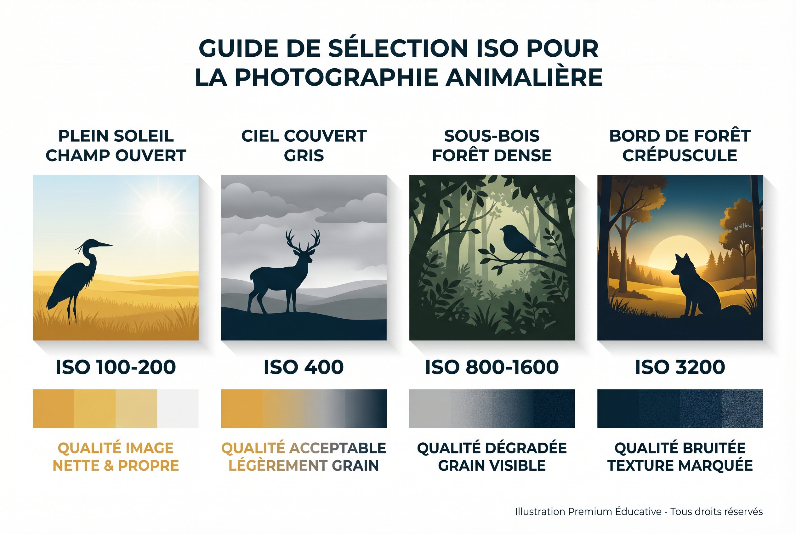 Sensibilité ISO : tout comprendre pour des photos sans bruit 19 Infographie pédagogique expliquant comment choisir sa sensibilité ISO en photographie animalière selon quatre scénarios de lumière : plein soleil, temps couvert, sous-bois et crépuscule.