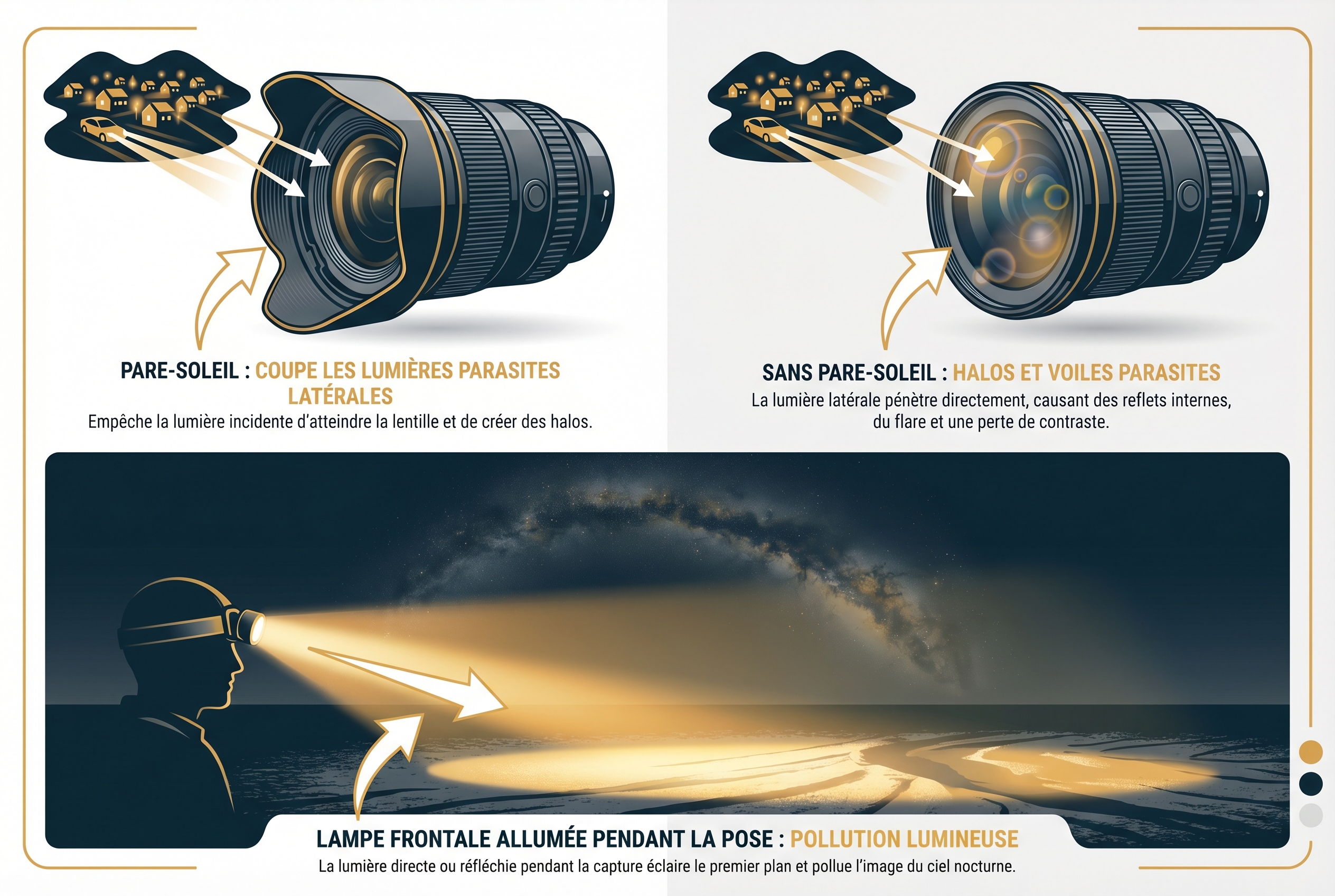 Schéma pédagogique expliquant l'usage du pare-soleil et l'impact de la pollution lumineuse d'une lampe frontale pour photographier la Voie lactée.