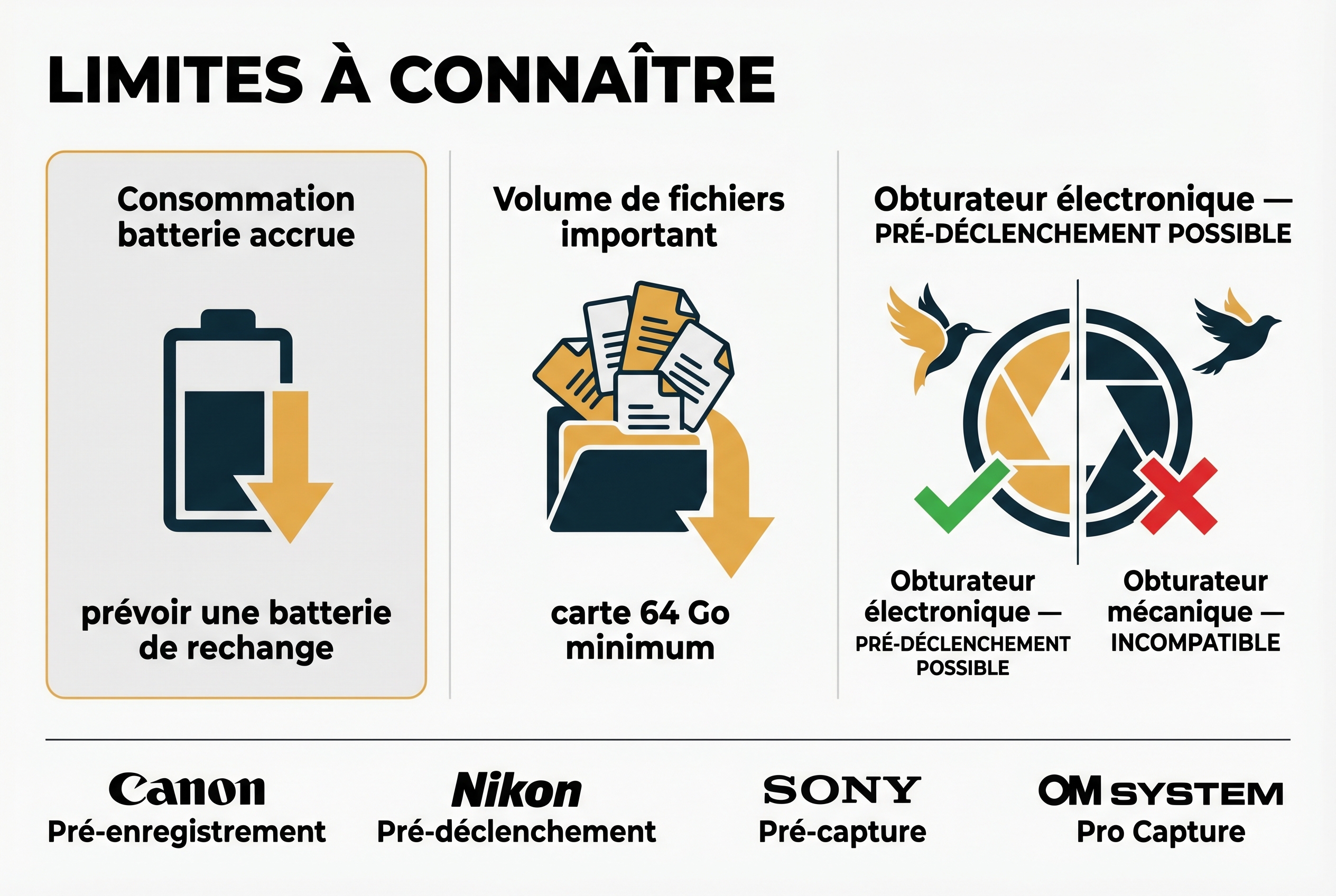 Comment photographier des oiseaux : le guide complet 34 Illustration pédagogique sur le mode pré-capture pour photographier des oiseaux : conseils sur la batterie, le stockage et l'usage de l'obturateur électronique.
