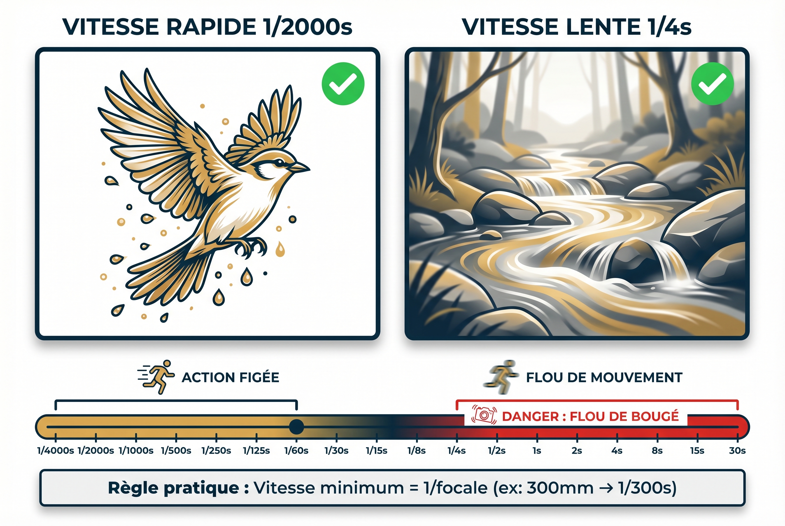 Infographie pédagogique expliquant la vitesse d'obturation avec une comparaison entre un oiseau figé à 1/2000s et l'effet soie d'une rivière à 1/4s.