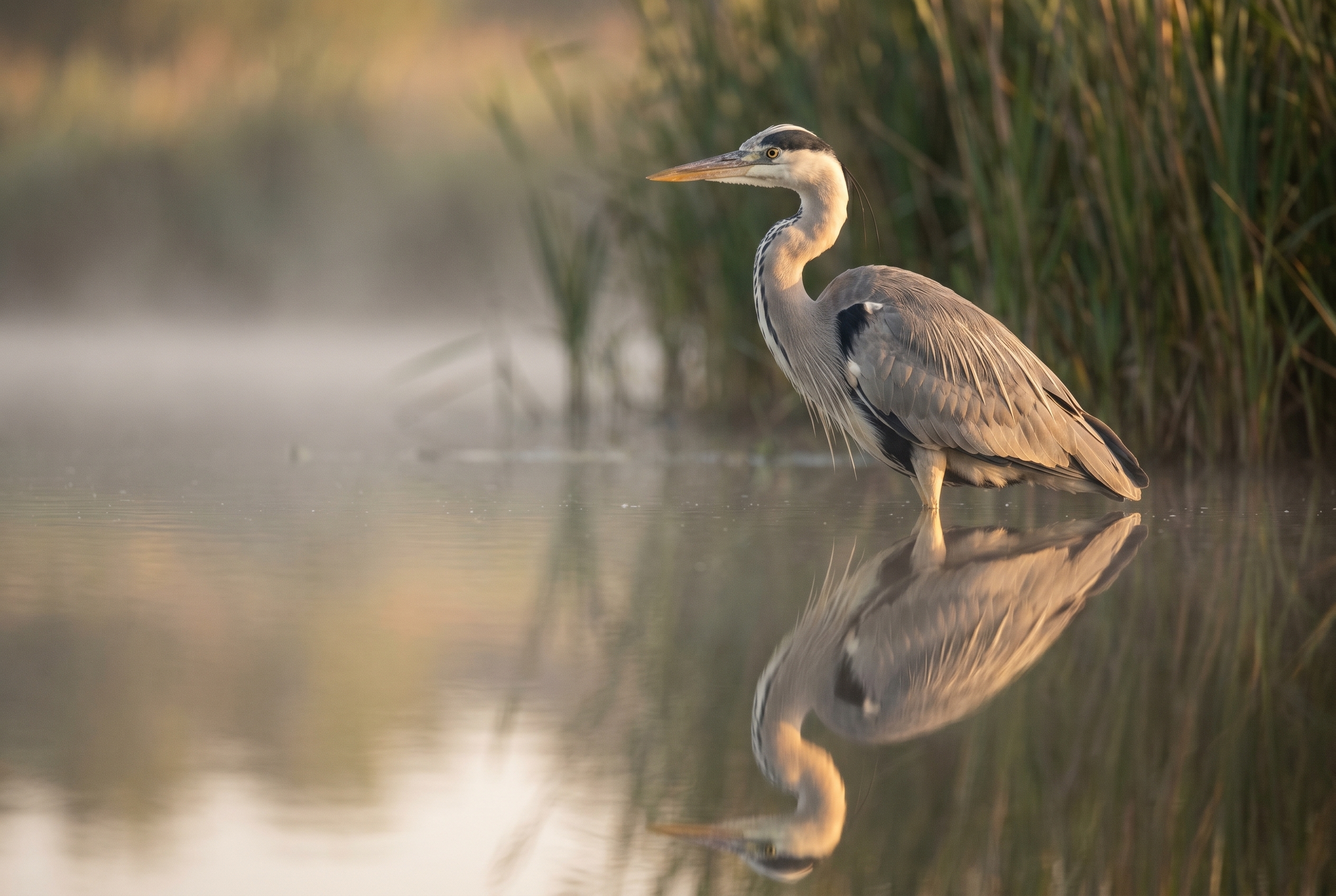 Photographie animalière d'un héron cendré immobile au bord d'une rivière à l'aube avec brume matinale, un sujet idéal pour tester une alternative à Photoshop.
