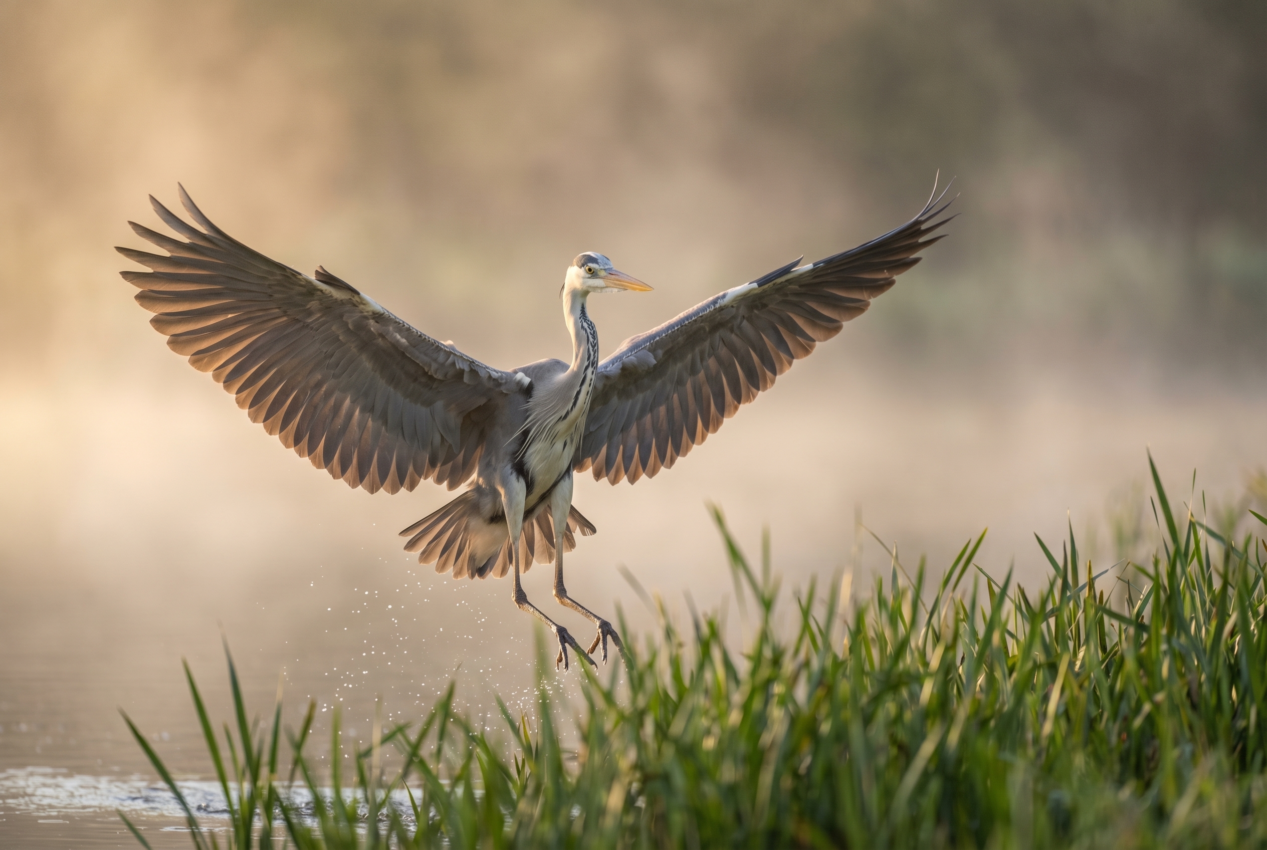 Héron cendré déployant ses ailes sur un étang brumeux à l'aube, exemple de mise au point nette pour apprendre la photo animalière.